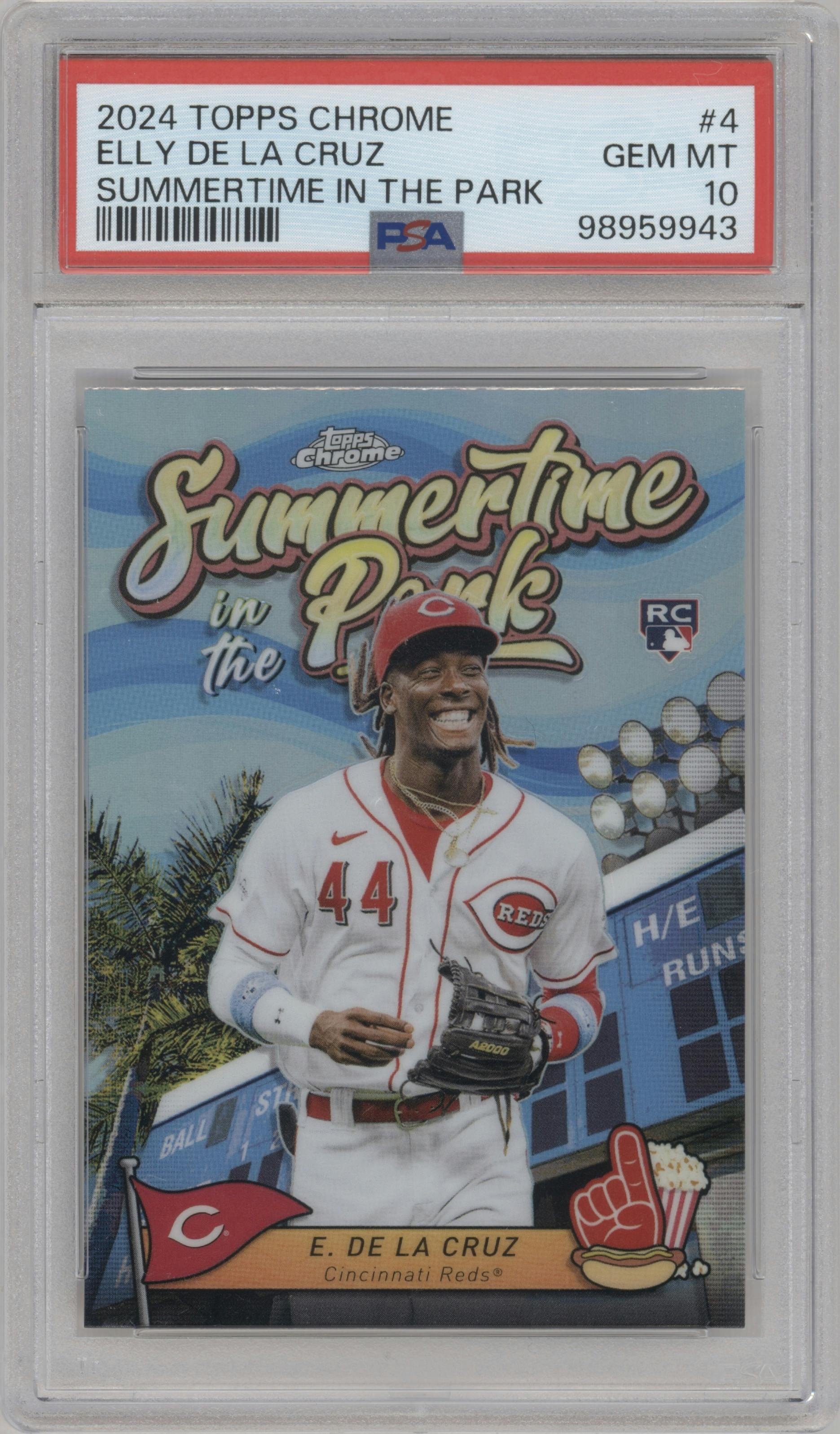Elly De La Cruz from the 2024 Topps Chrome set graded by PSA and given an overall grade of 10.