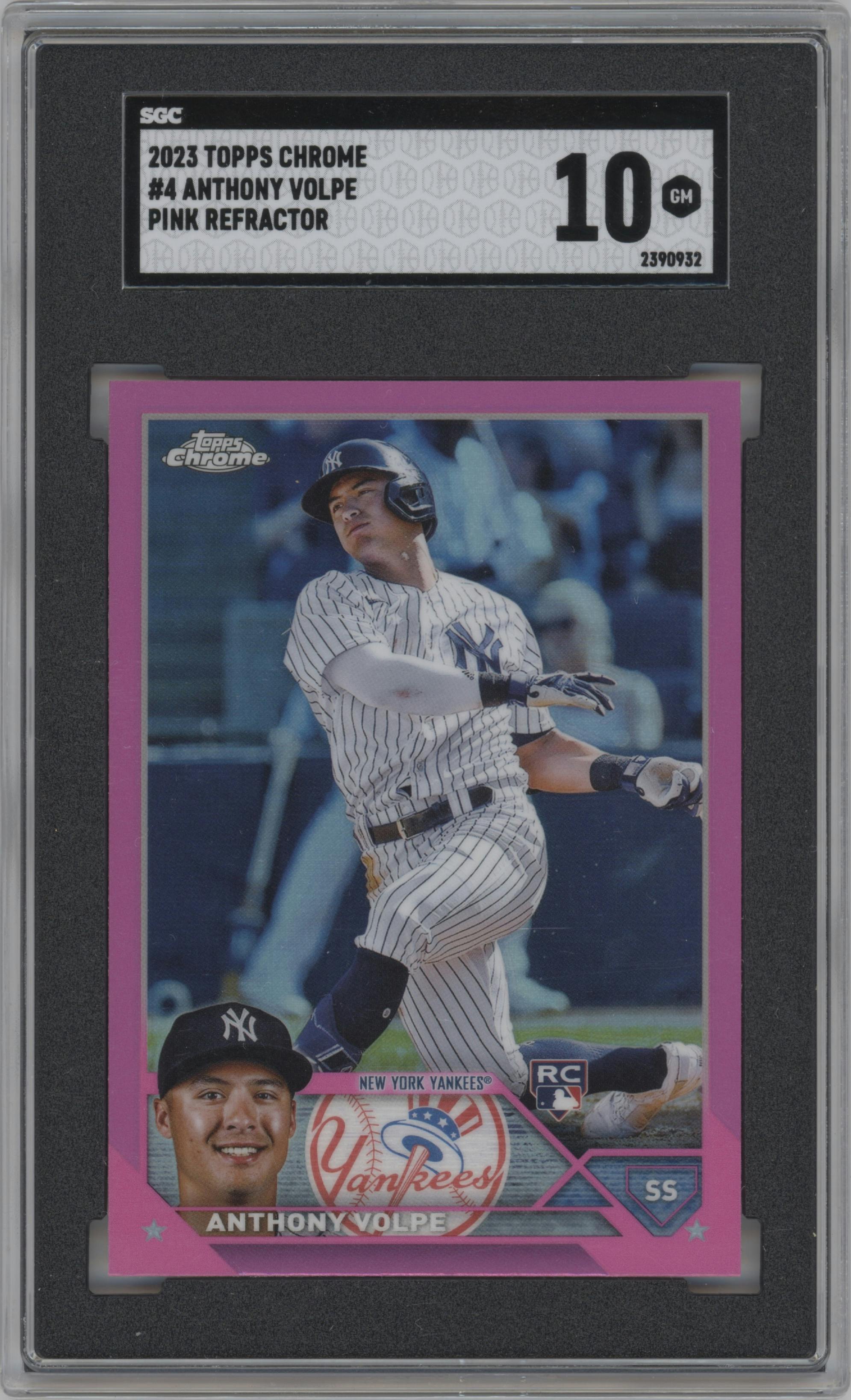 Anthony Volpe from the 2023 Topps Chrome set featuring a Pink Refractor parallel graded by SGC and given an overall grade of 10.