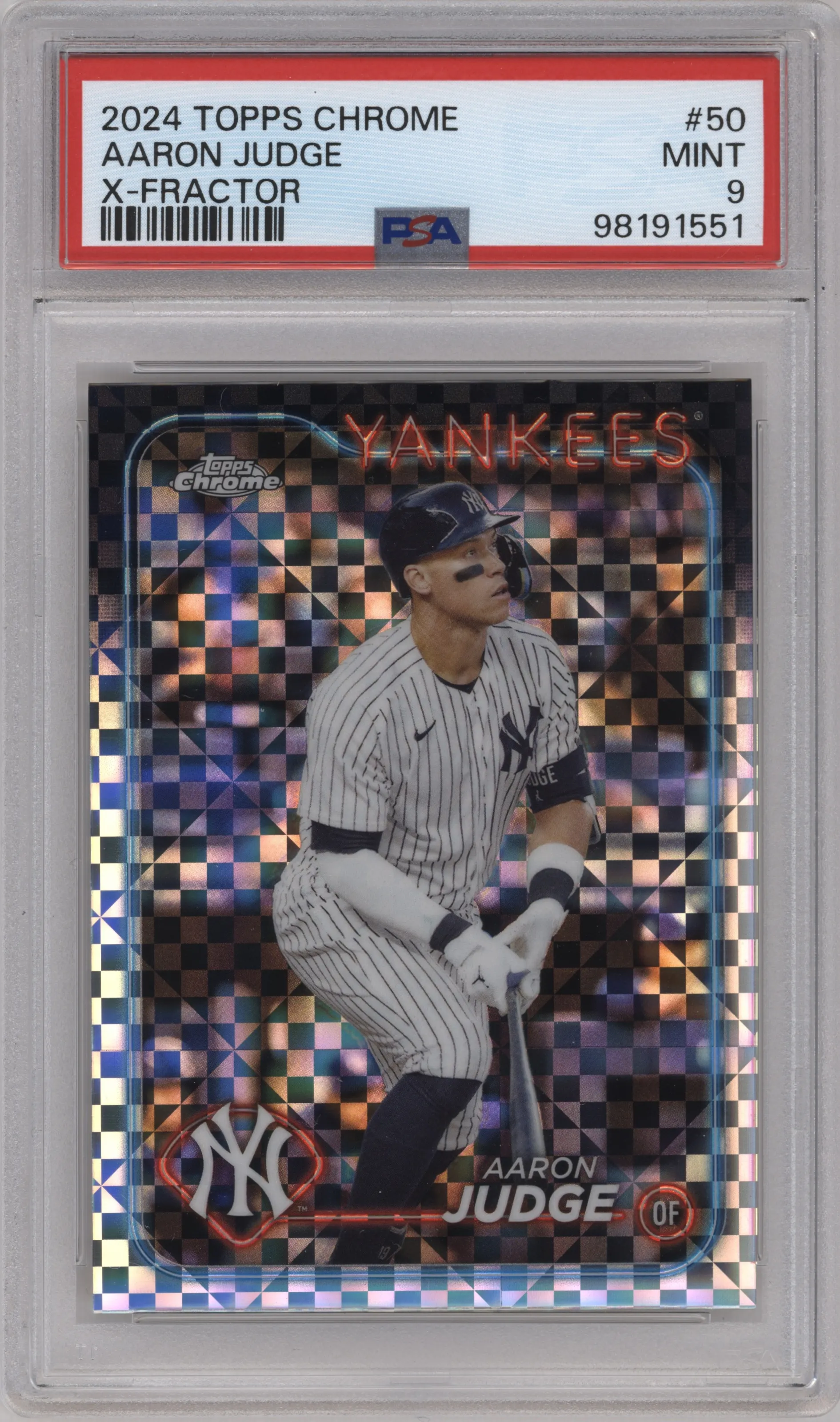 Aaron Judge from the 2024 Topps Chrome set featuring a X-Fractor parallel graded by PSA and given an overall grade of 9.