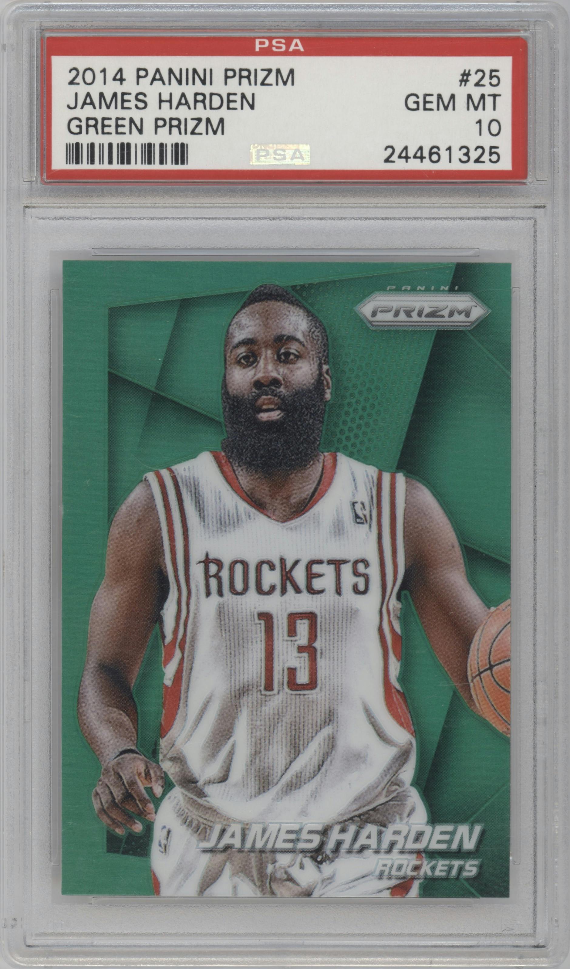 James Harden from the 2014-15 Panini Prizm set featuring a Green Prizm parallel graded by PSA and given an overall grade of 10.