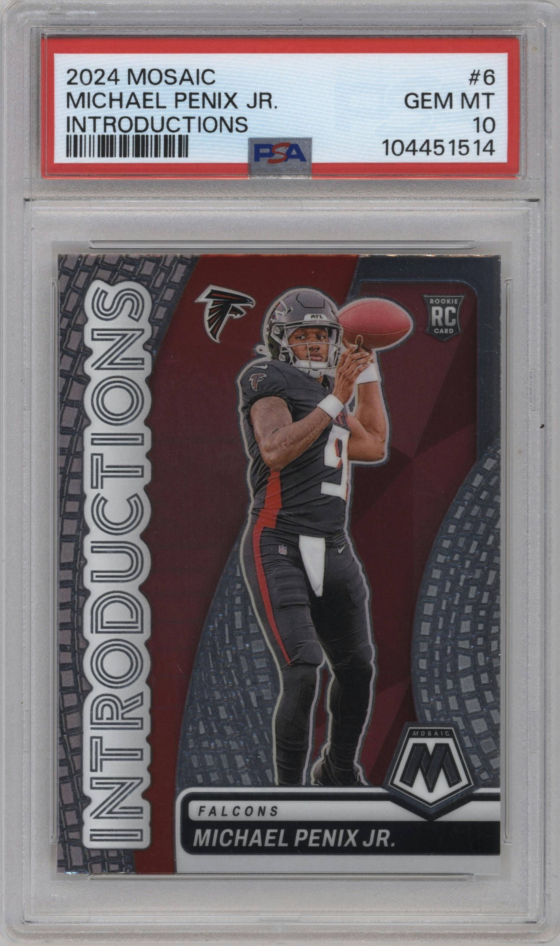 Michael Penix Jr. from the 2024 Panini Mosaic set graded by PSA and given an overall grade of 10.
