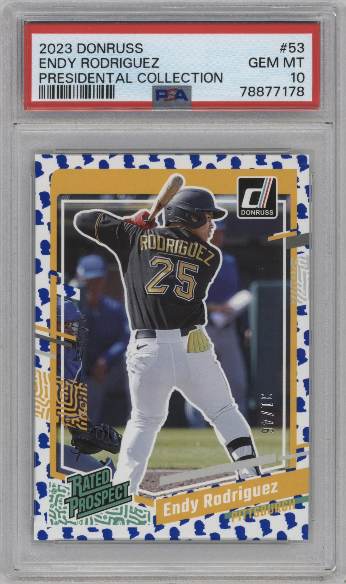 Endy Rodriguez from the 2023 Panini Donruss set featuring a Presidential Collection parallel graded by PSA and given an overall grade of 10.