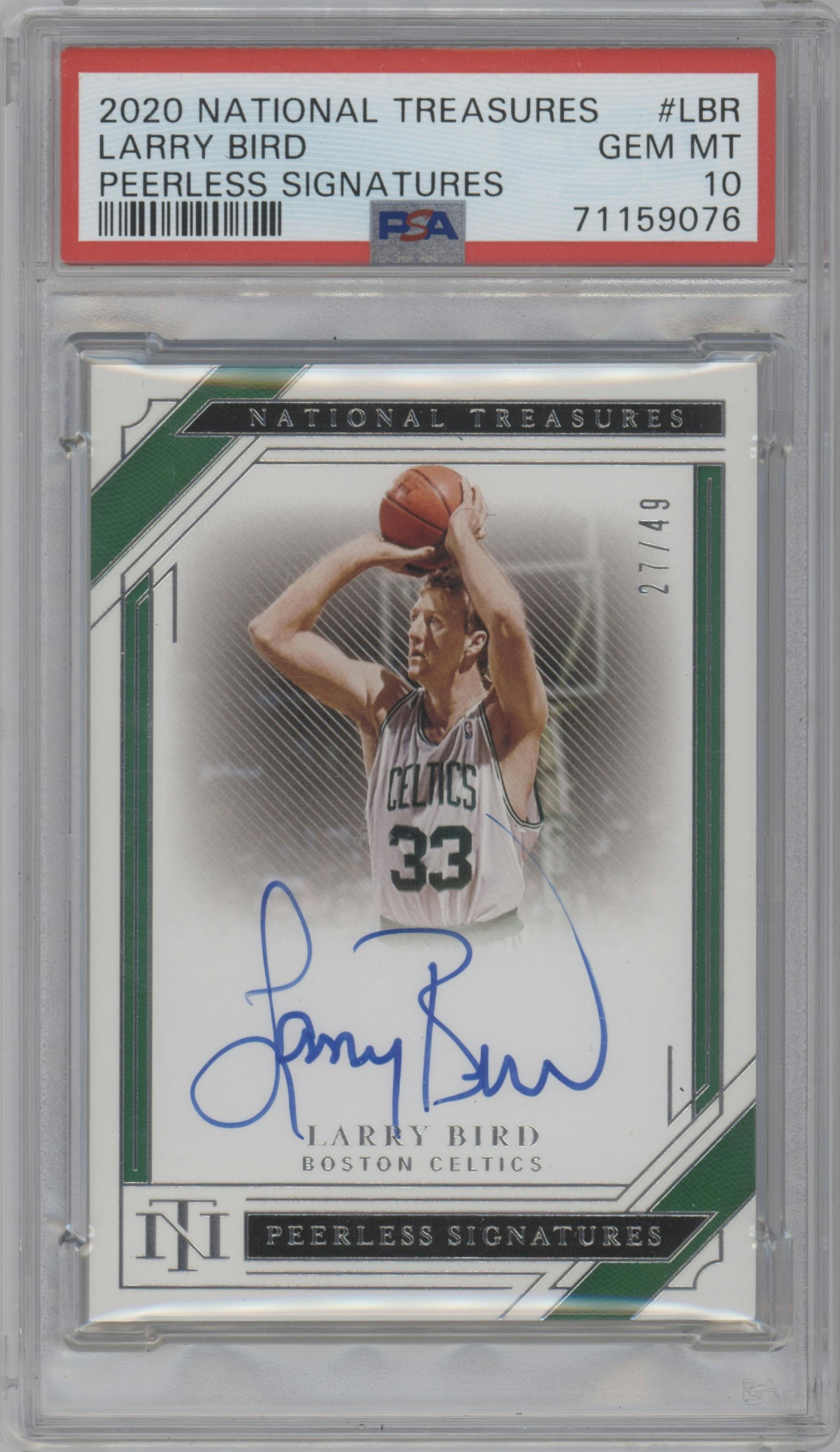 Larry Bird from the 2020-21 Panini National Treasures set graded by PSA and given an overall grade of 10.