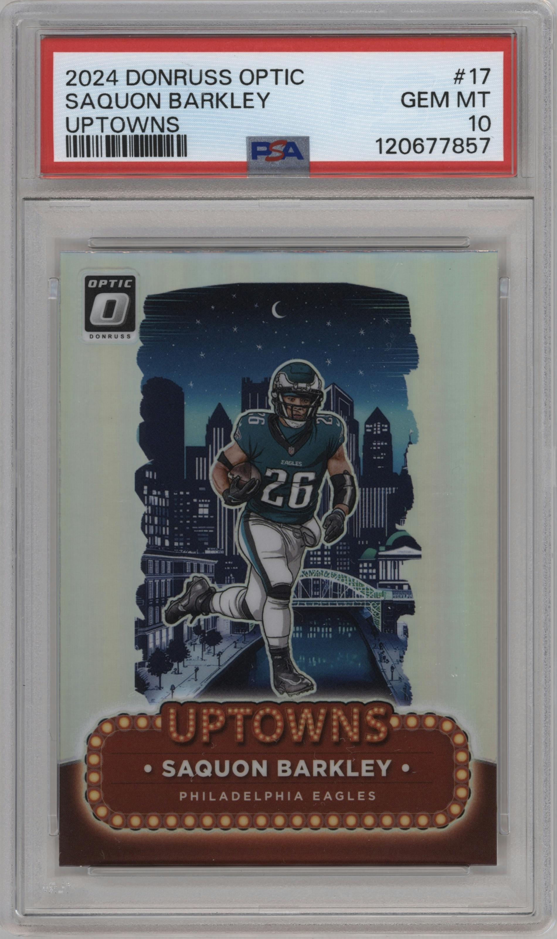 Saquon Barkley from the 2024 Donruss Optic set graded by PSA and given an overall grade of 10.