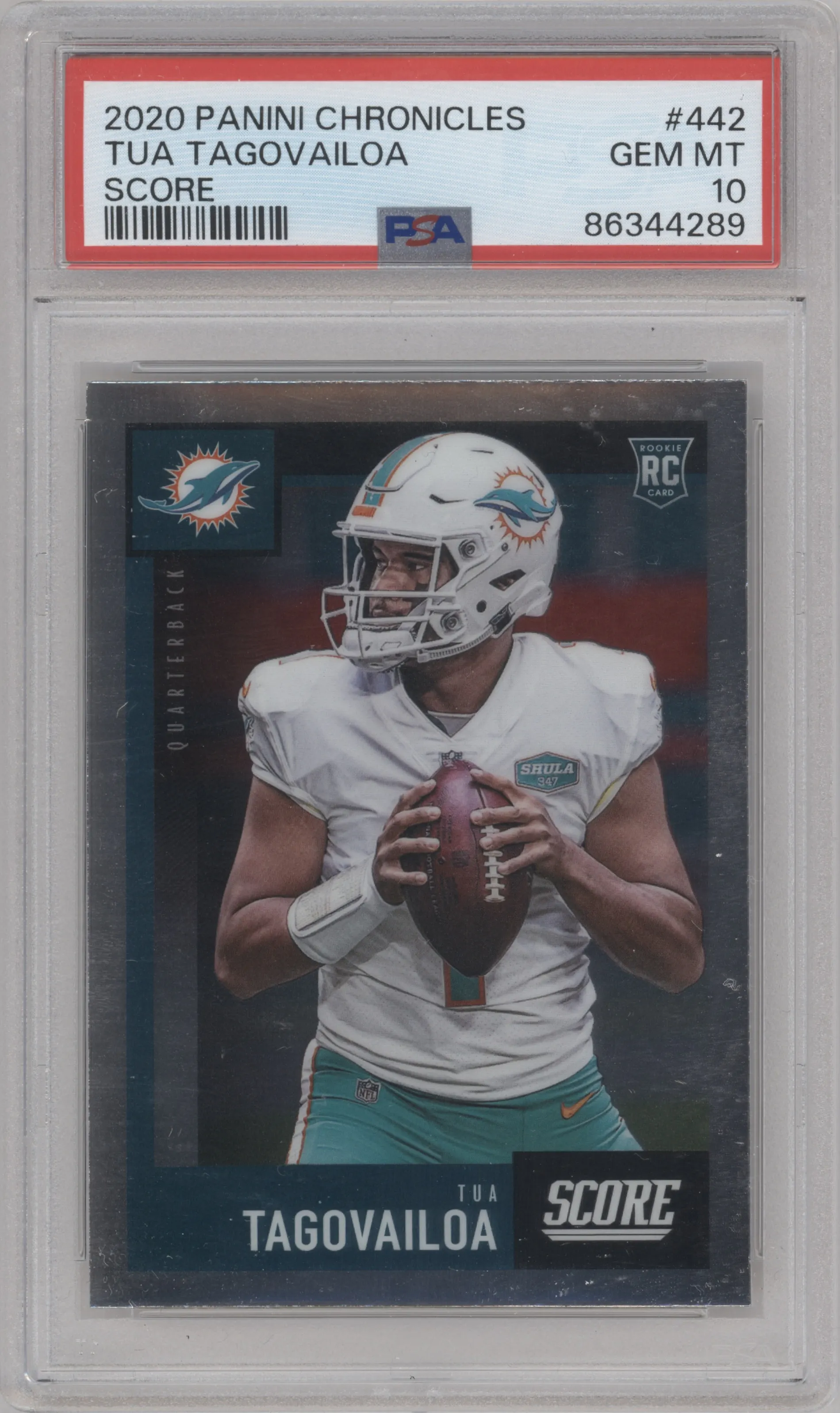 Tua Tagovailoa from the 2020 Panini Chronicles set graded by PSA and given an overall grade of 10.