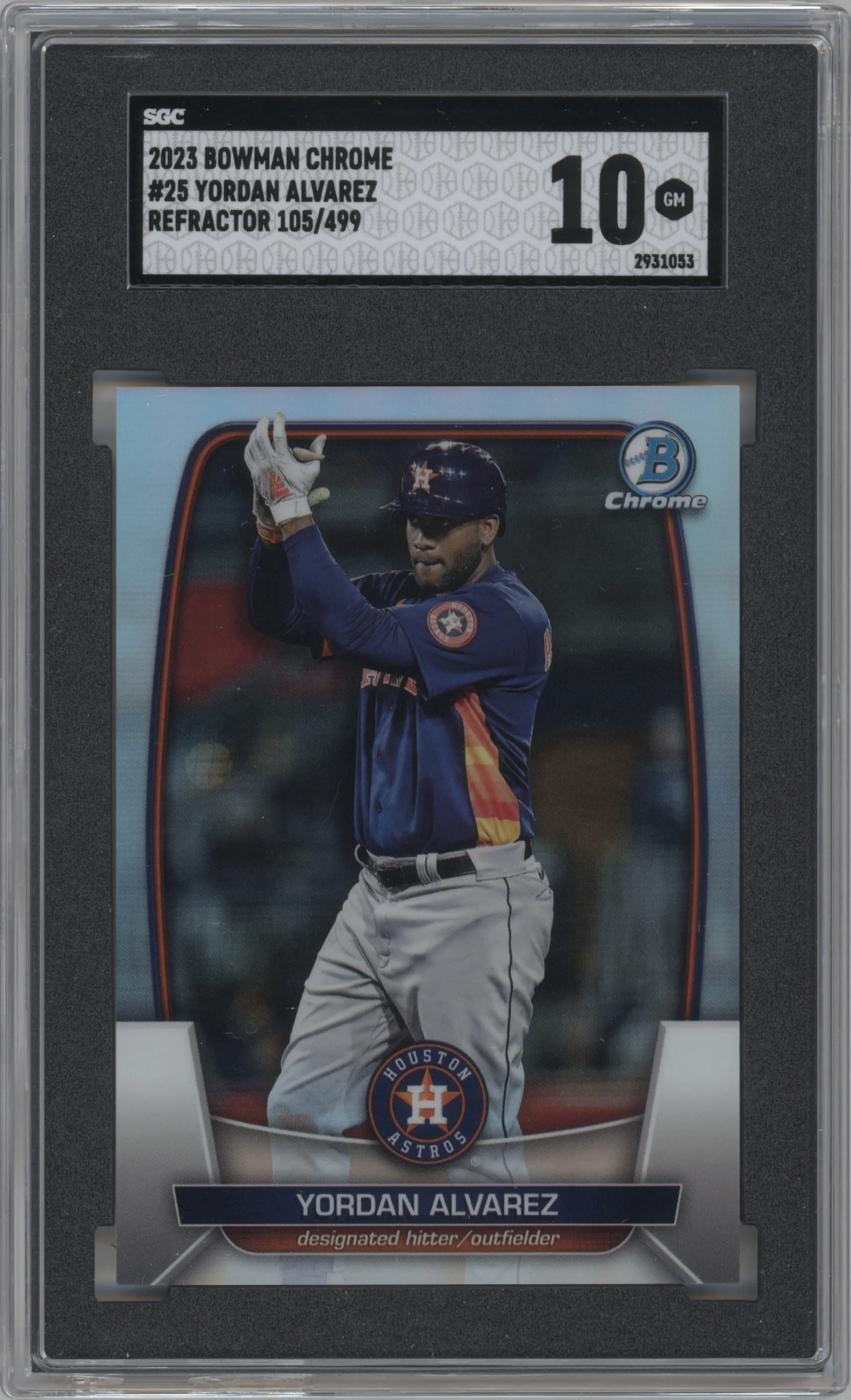 Yordan Alvarez from the 2023 Bowman Chrome set featuring a Refractor parallel graded by SGC and given an overall grade of 10.