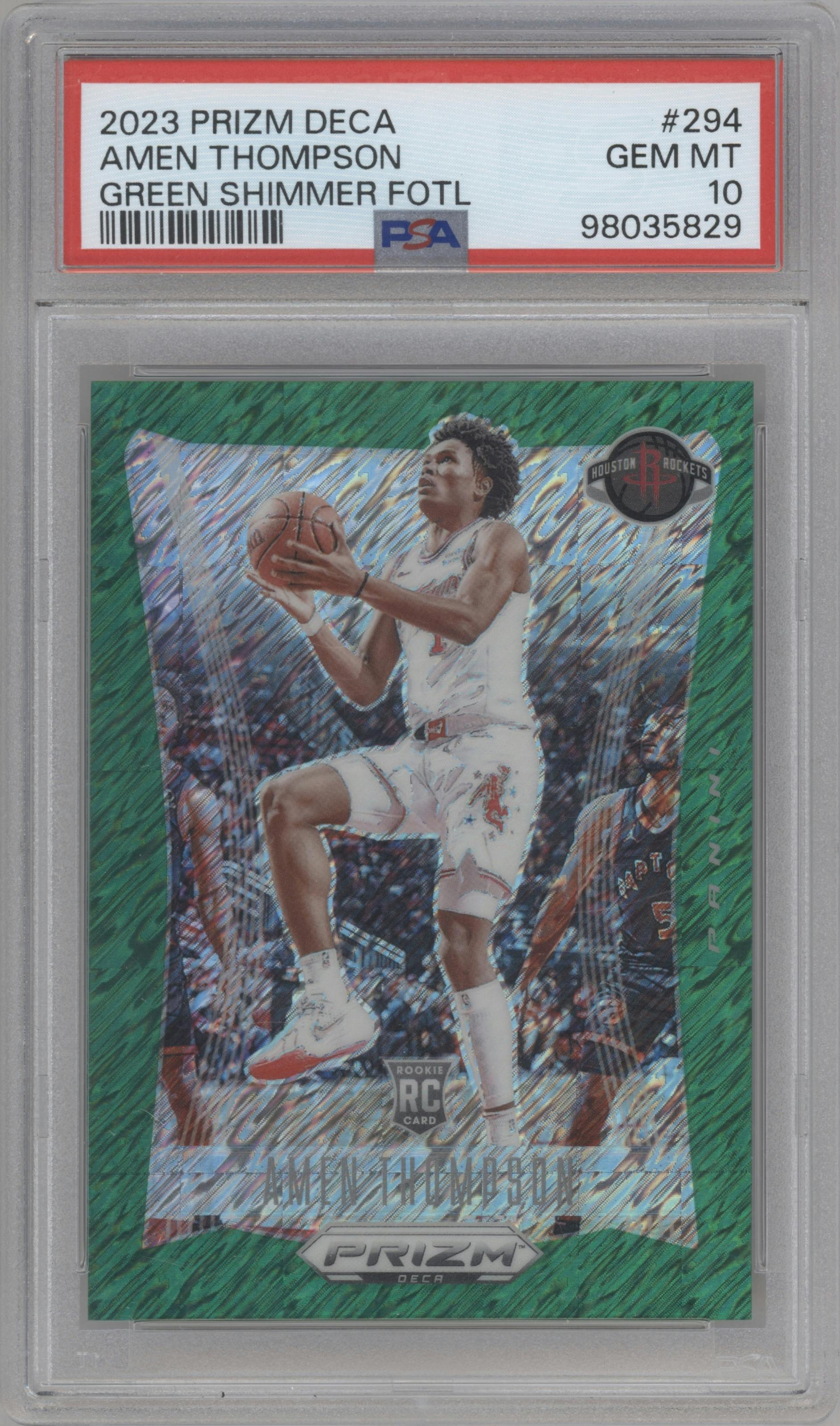 Amen Thompson from the 2023-24 Panini Prizm Deca set featuring a FOTL Green Shimmer parallel graded by PSA and given an overall grade of 10.