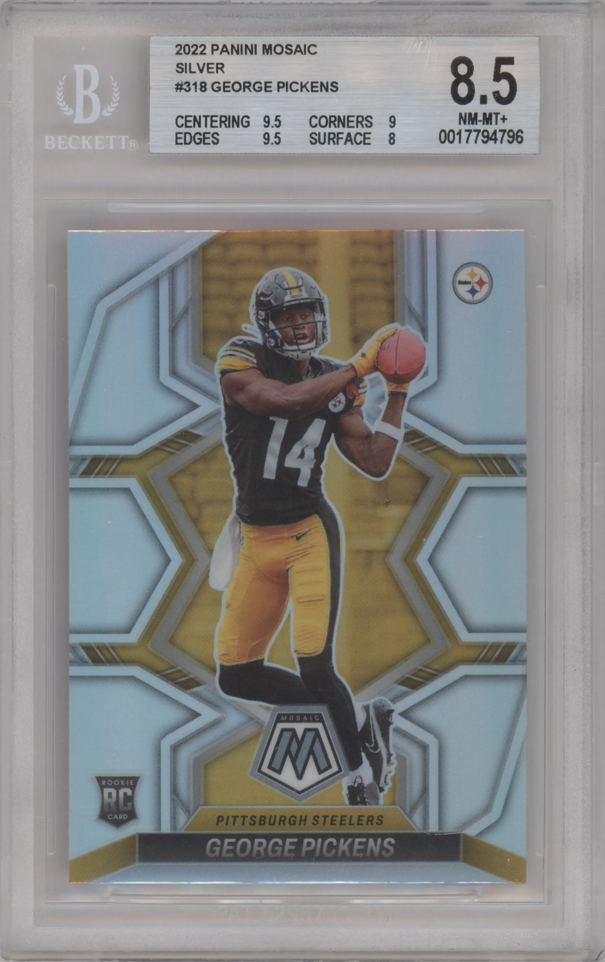 George Pickens from the 2022 Panini Mosaic set featuring a Silver  parallel graded by Beckett and given an overall grade of 8.5.