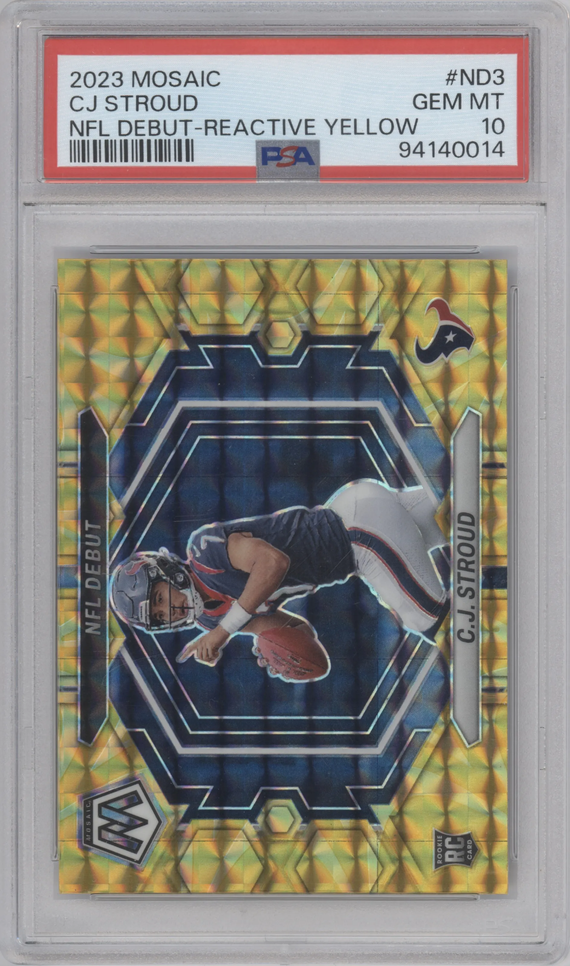 C.J. Stroud  from the 2023 Panini Mosaic set featuring a Reactive Yellow parallel graded by PSA and given an overall grade of 10.