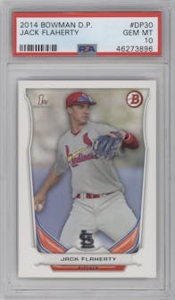 Jack Flaherty from the 2014 Bowman Draft  set graded by PSA and given an overall grade of 10.