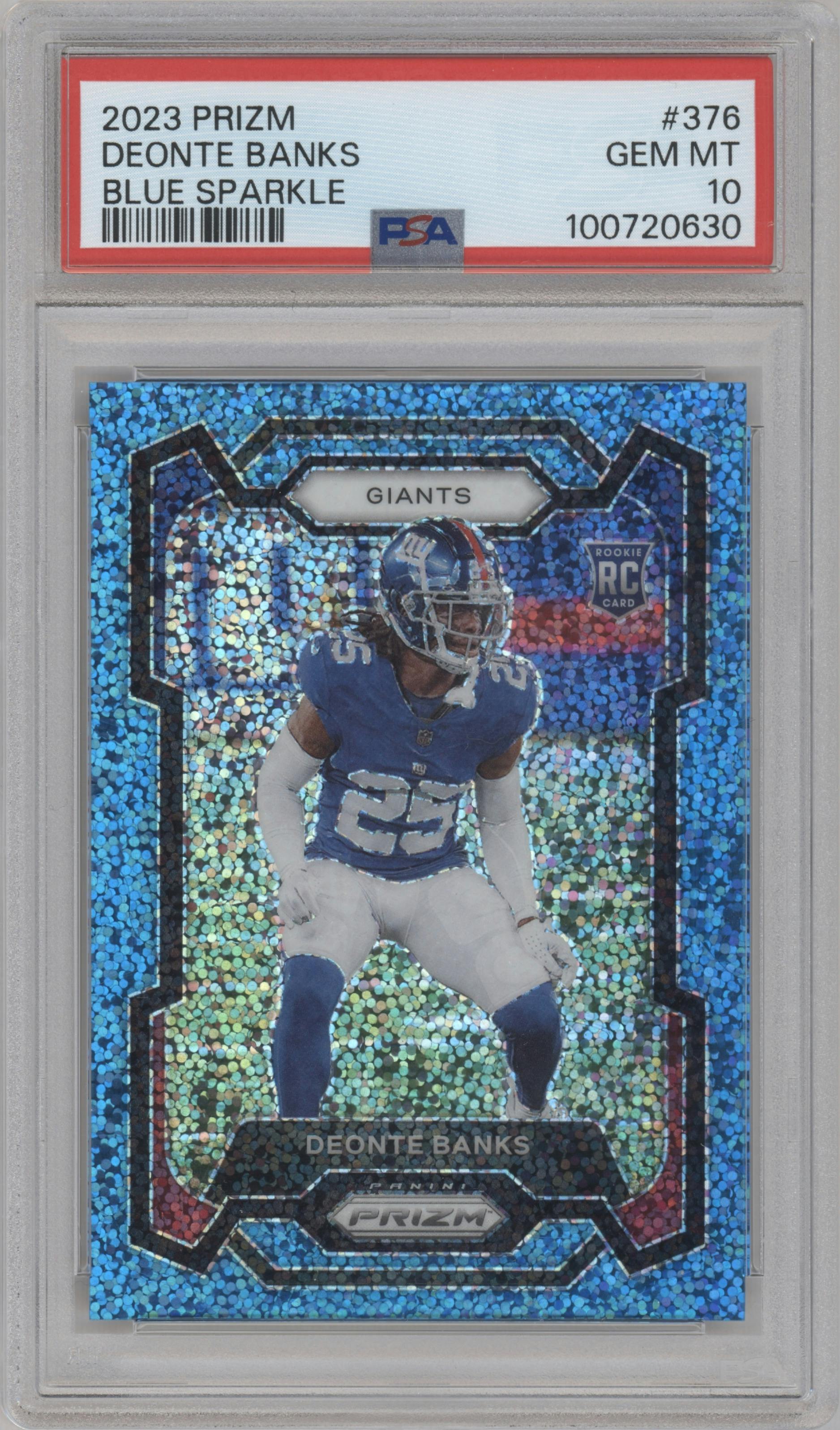 Deonte Banks  from the 2023 Panini Prizm set featuring a Blue Sparkle parallel graded by PSA and given an overall grade of 10.