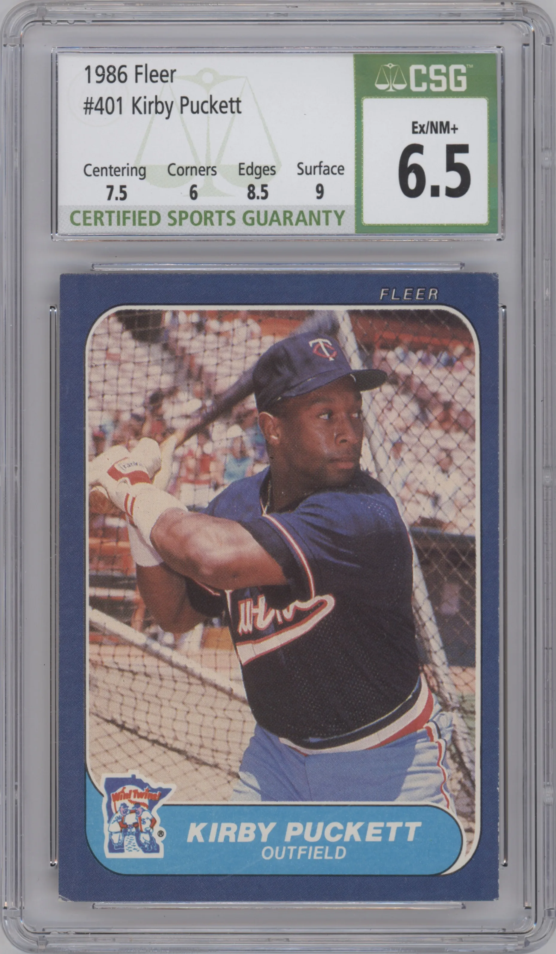 Kirby Puckett from the 1986 Fleer set graded by CSG and given an overall grade of 6.5.