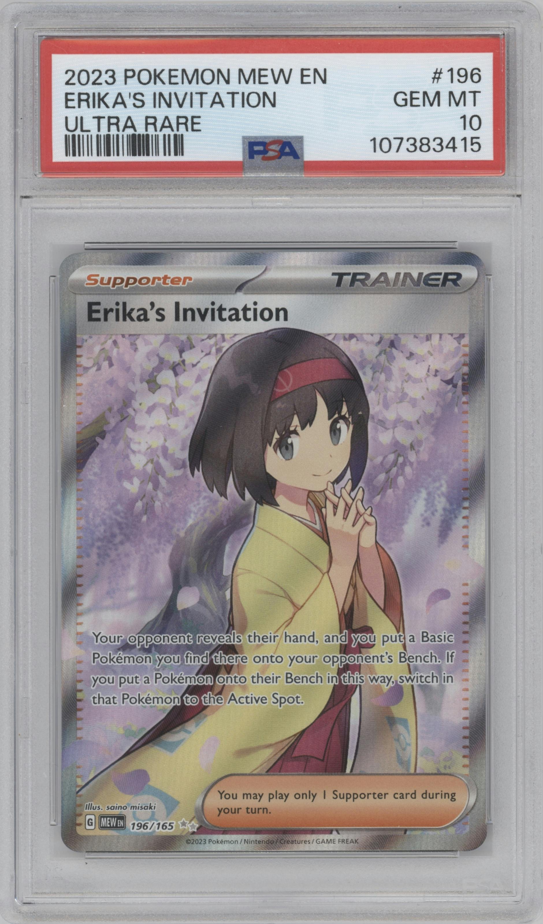 Erika's Invitation from the 2023 Pokemon SV set graded by PSA and given an overall grade of 10.