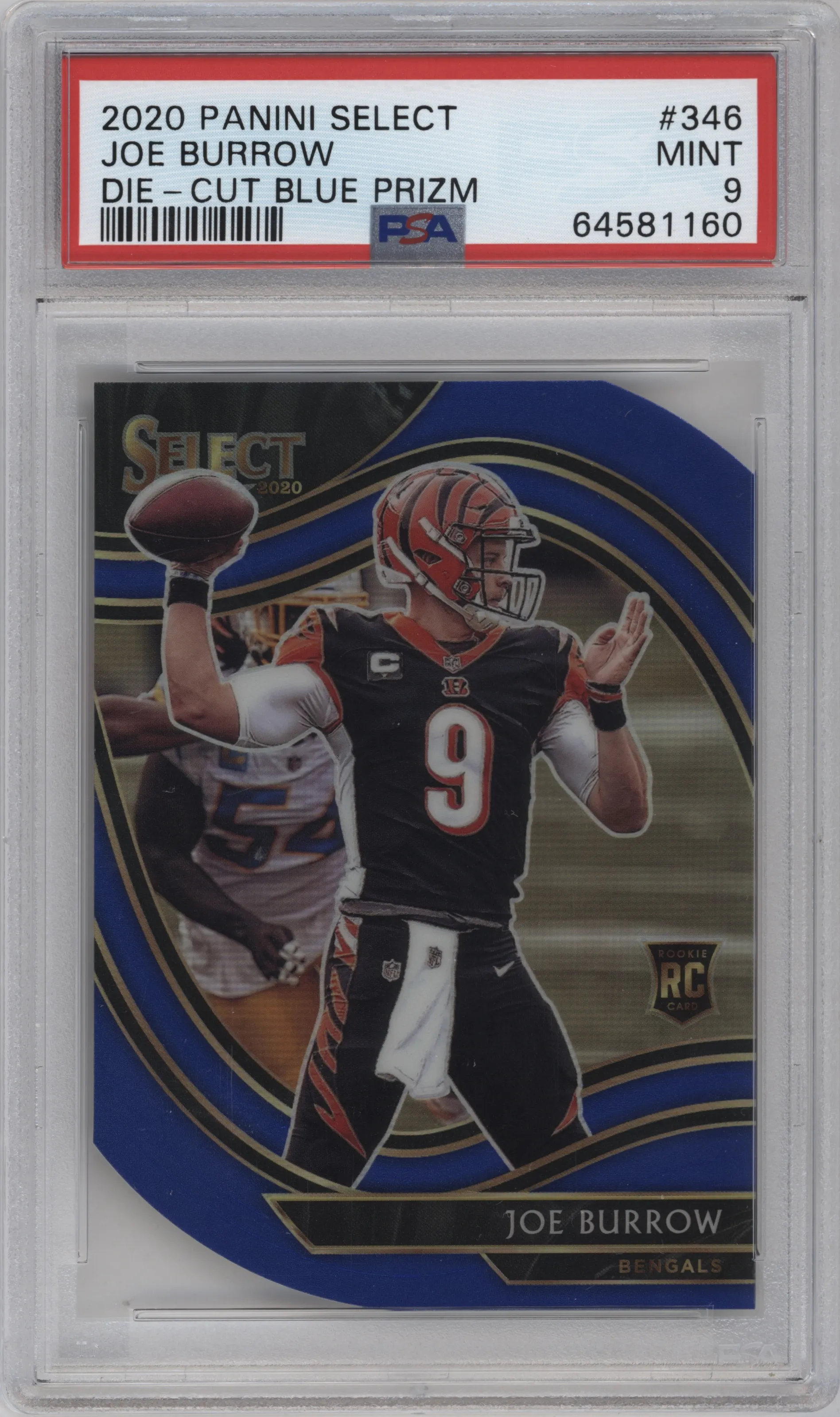 Joe Burrow from the 2020 Panini Select set featuring a Die-Cut Blue parallel graded by PSA and given an overall grade of 9.