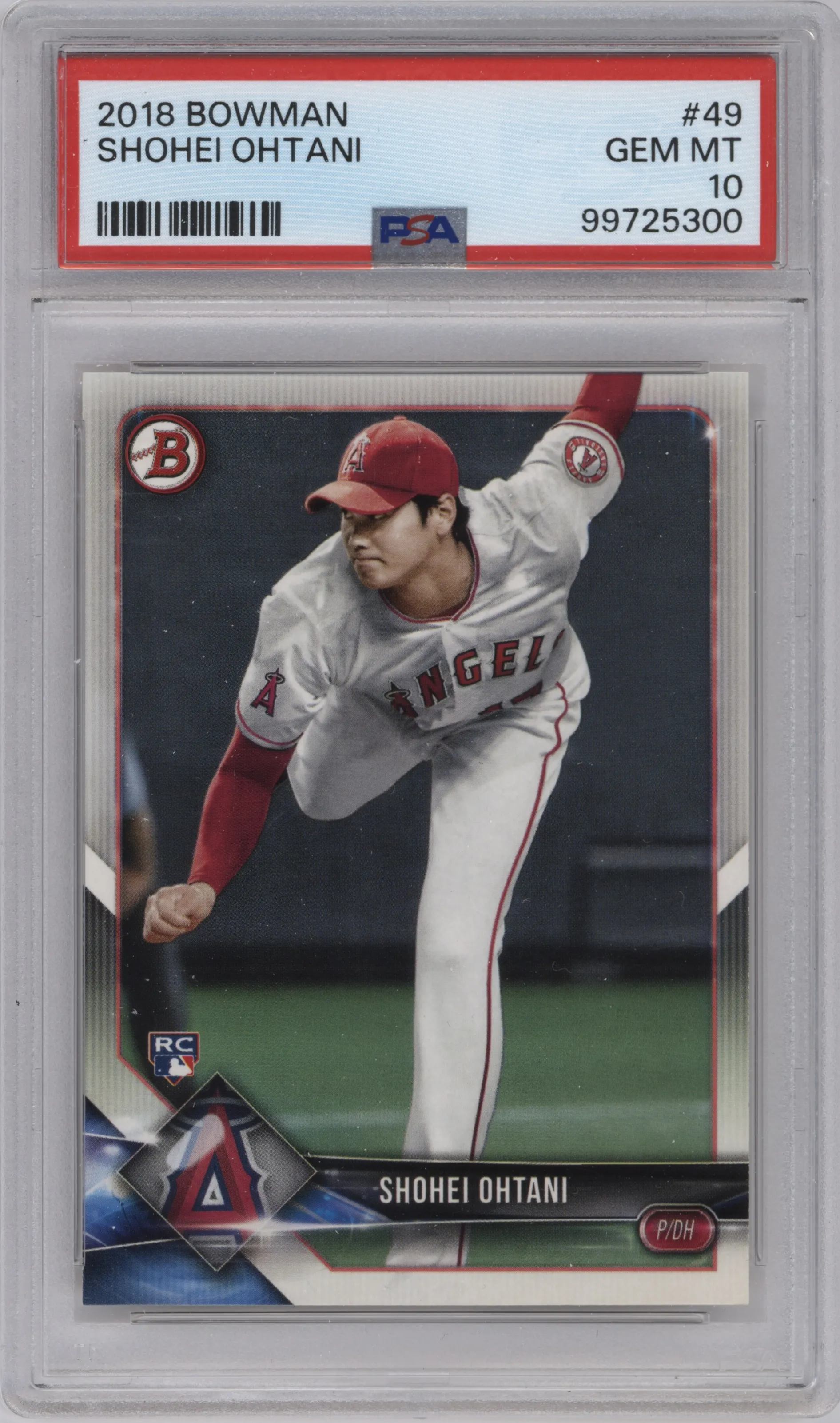 Shohei Ohtani from the 2018 Bowman set graded by PSA and given an overall grade of 10.