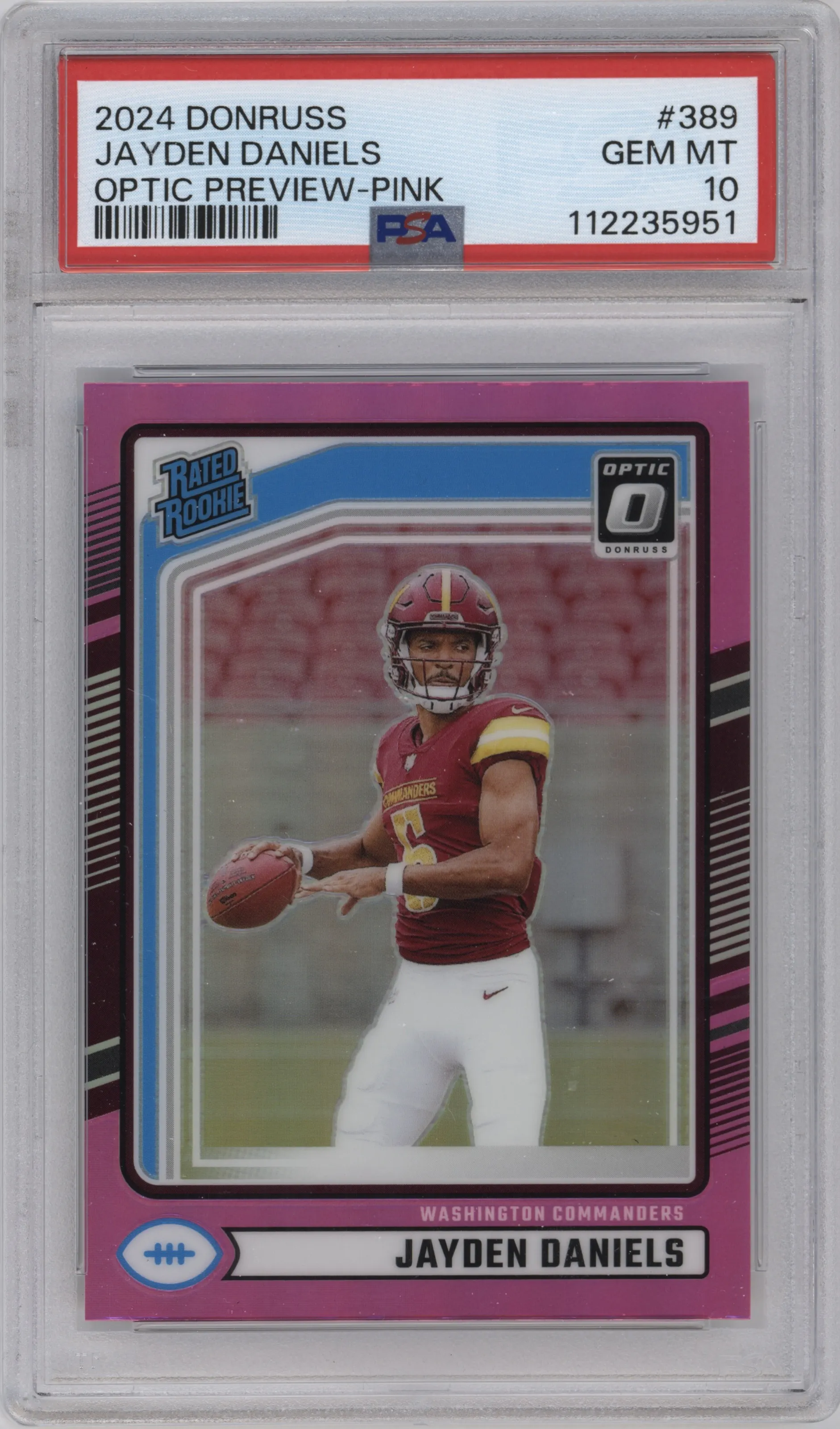 Jayden Daniels from the 2024 Donruss set featuring a Pink parallel graded by PSA and given an overall grade of 10.