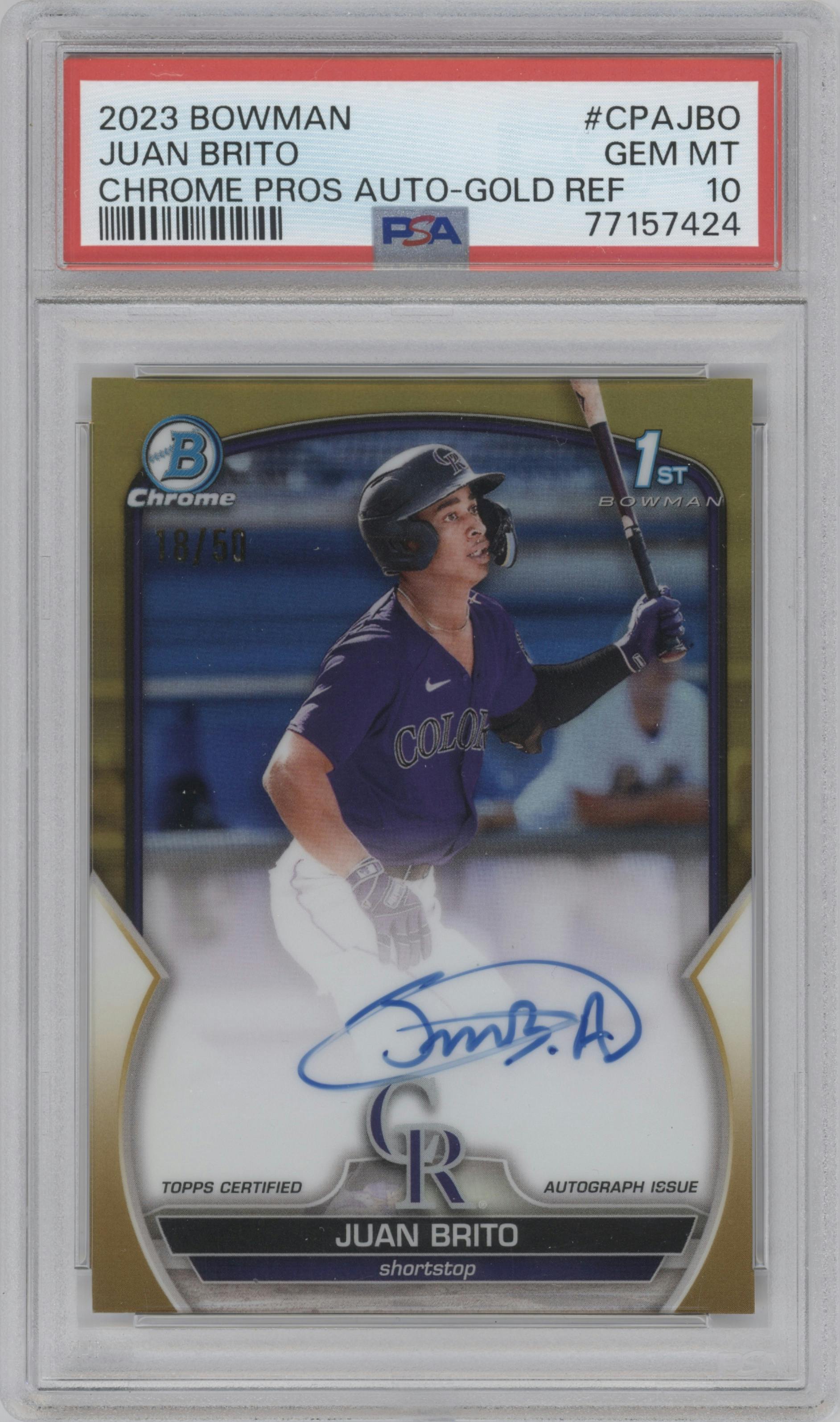 Juan Brito from the 2023 Bowman  set featuring a Gold Refractor parallel graded by PSA and given an overall grade of 10.