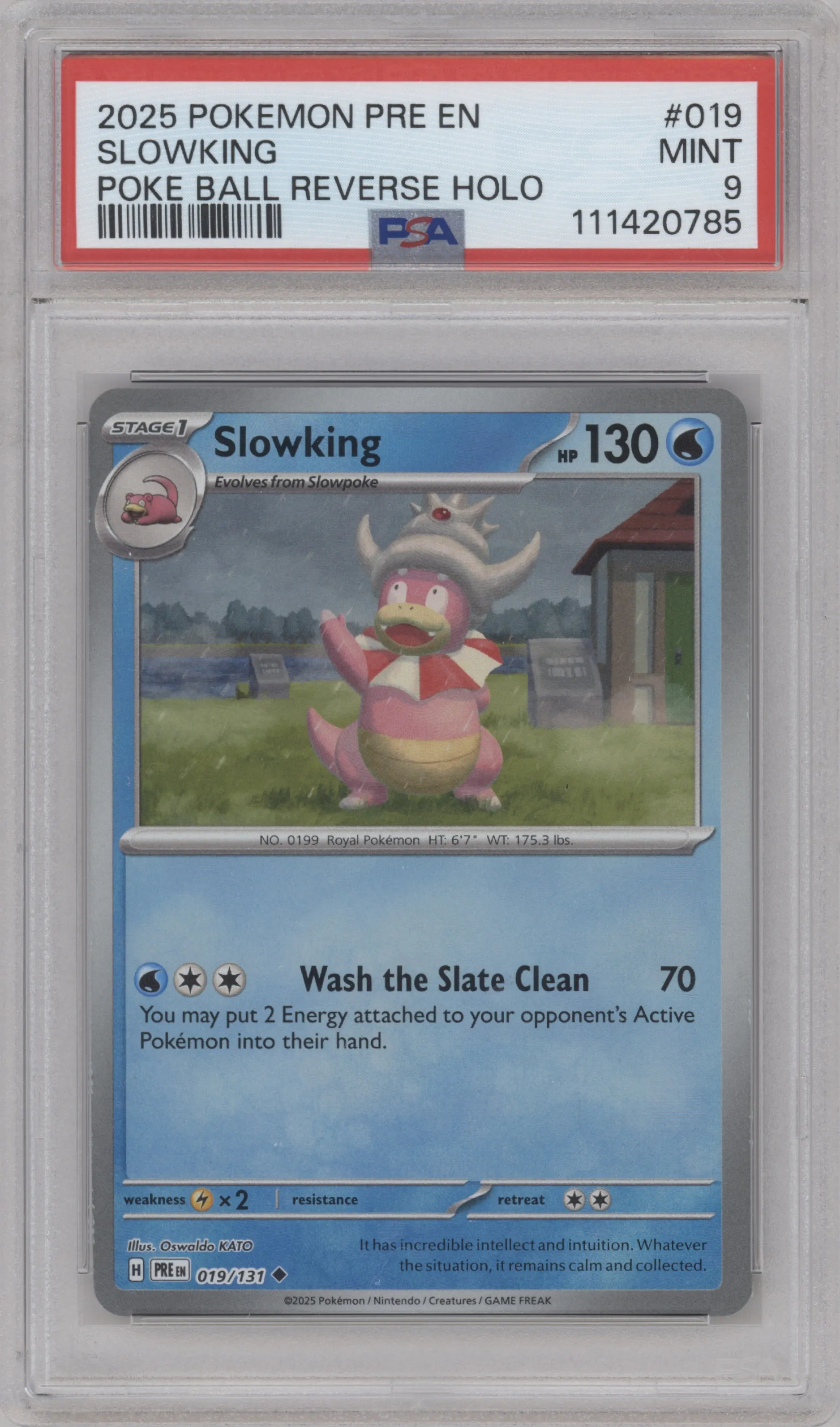 Slowking from the 2025 Pokemon SV set featuring a Poke Ball parallel graded by PSA and given an overall grade of 9.