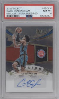 Cade Cunningham from the 2022-23 Panini Select set featuring a Red Prizm parallel graded by PSA and given an overall grade of 8.