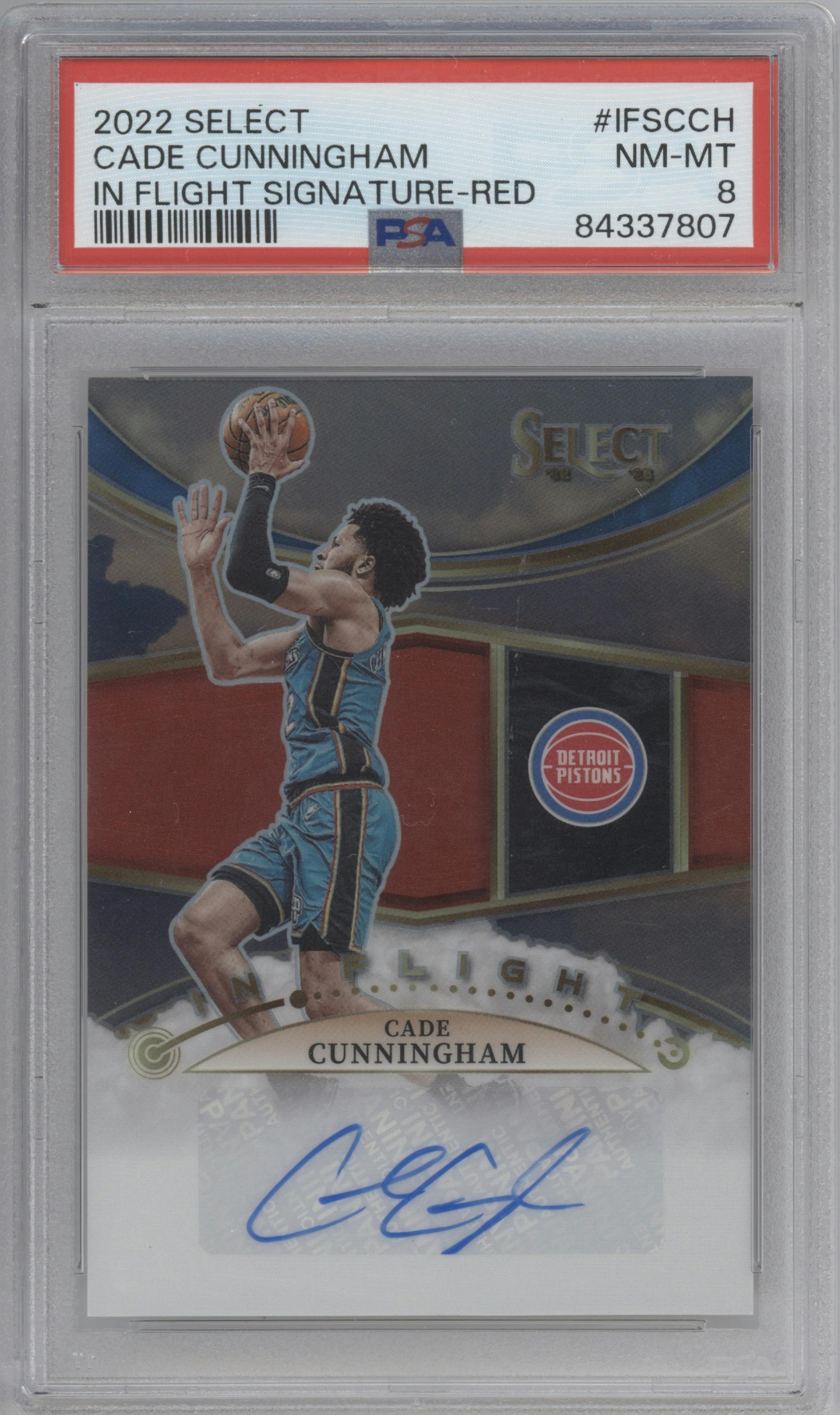 Cade Cunningham from the 2022-23 Panini Select set featuring a Red Prizm parallel graded by PSA and given an overall grade of 8.