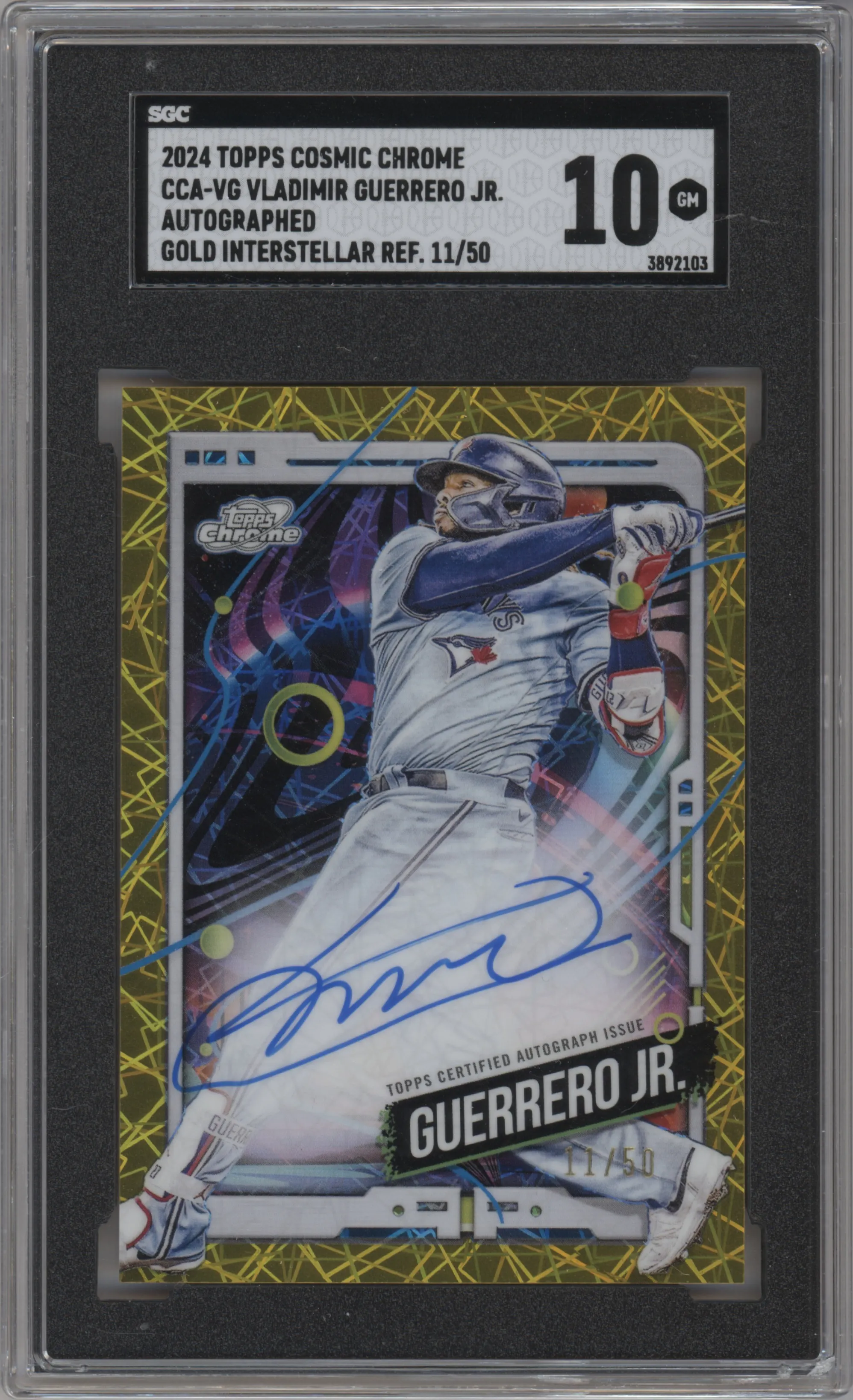 Vladimir Guerrero Jr. from the 2024 Topps Cosmic Chrome set featuring a Gold Interstellar Refractor parallel graded by SGC and given an overall grade of 10.