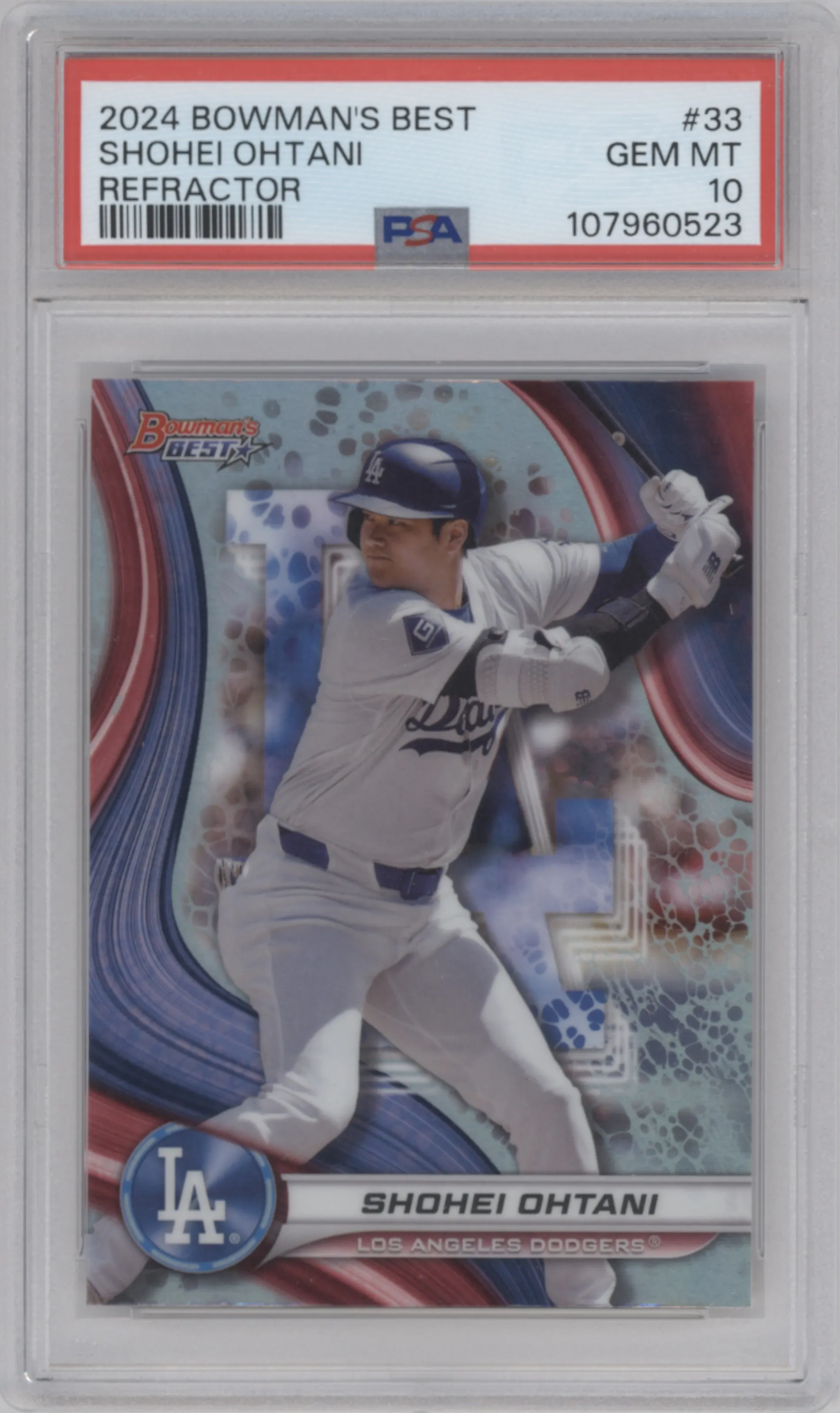 Shohei Ohtani from the 2024 Bowman's Best set featuring a Refractor parallel graded by PSA and given an overall grade of 10.