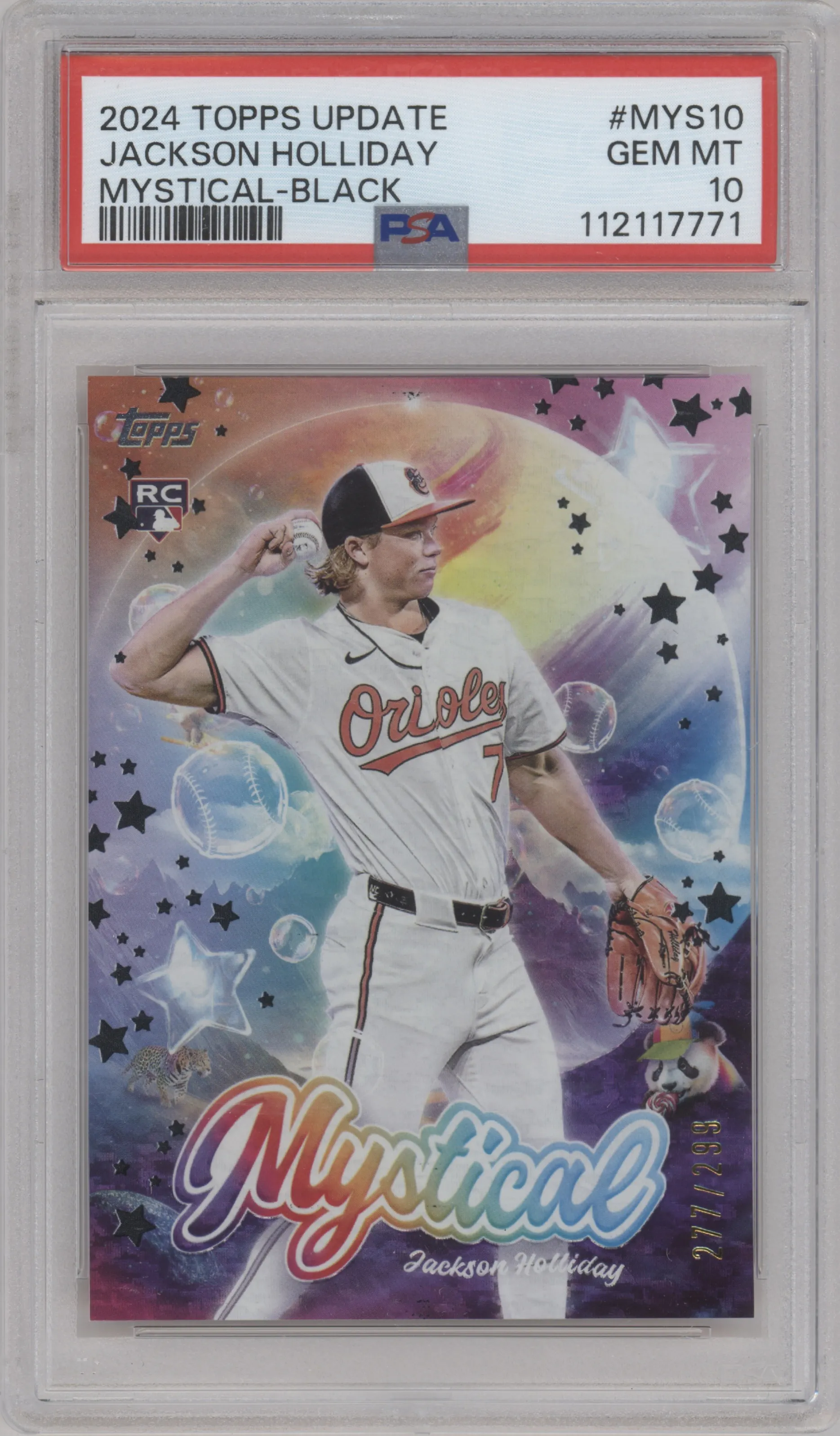 Jackson Holliday from the 2024 Topps Update set featuring a Black parallel graded by PSA and given an overall grade of 10.