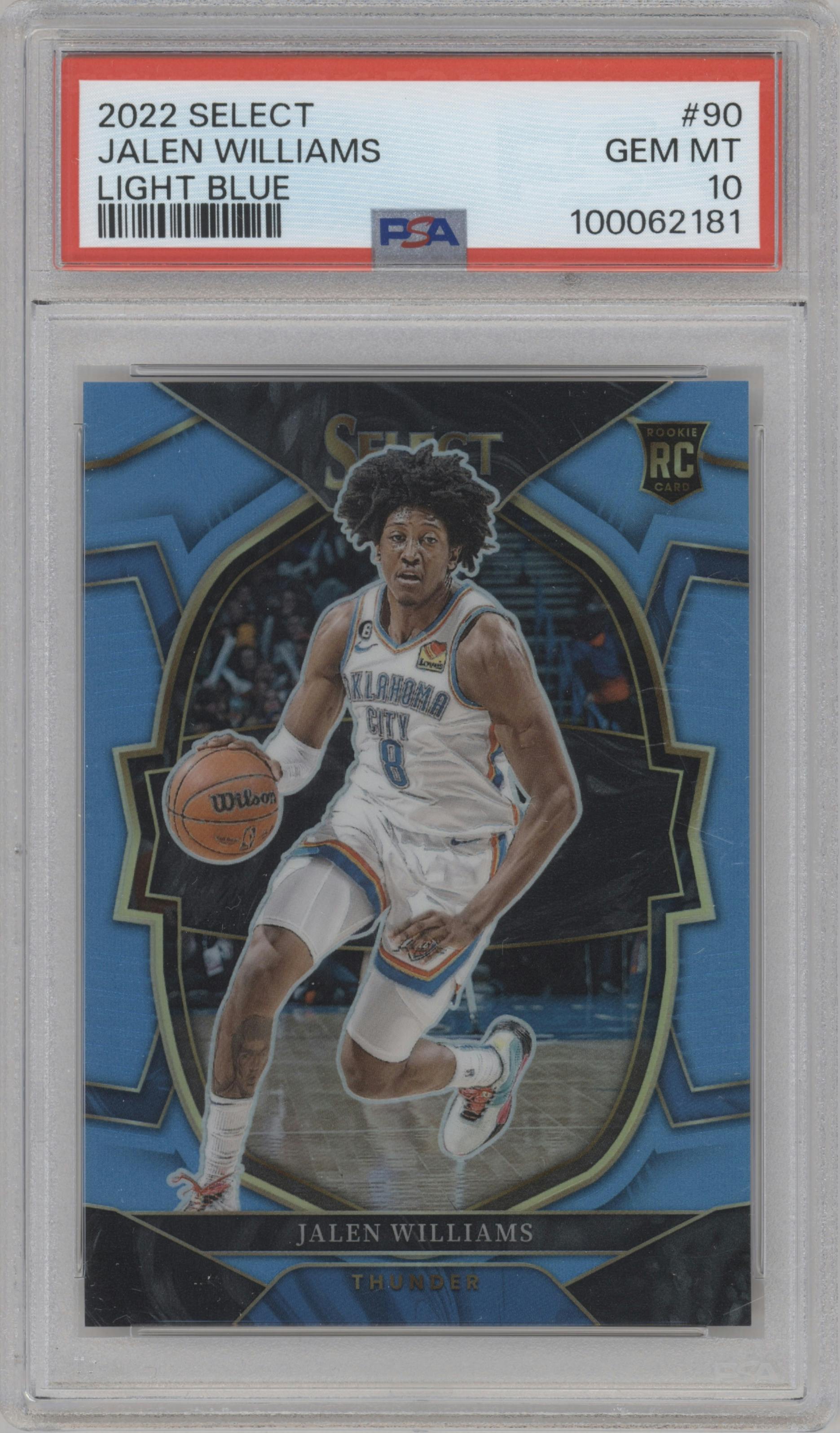 Jalen Williams from the 2022-23 Panini Select set featuring a Light Blue Prizm parallel graded by PSA and given an overall grade of 10.