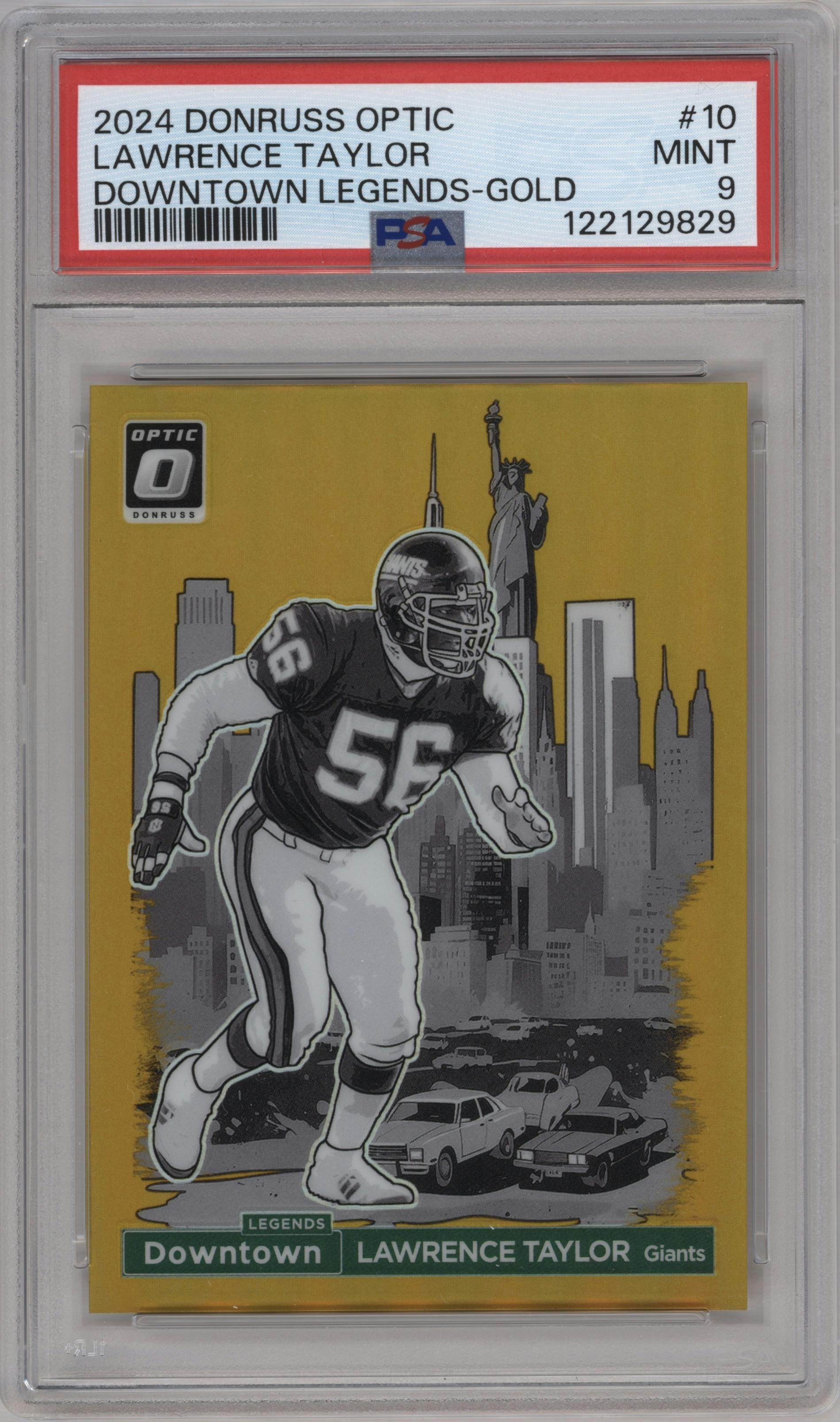 Lawrence Taylor from the 2024 Donruss Optic set featuring a Gold parallel graded by PSA and given an overall grade of 9.