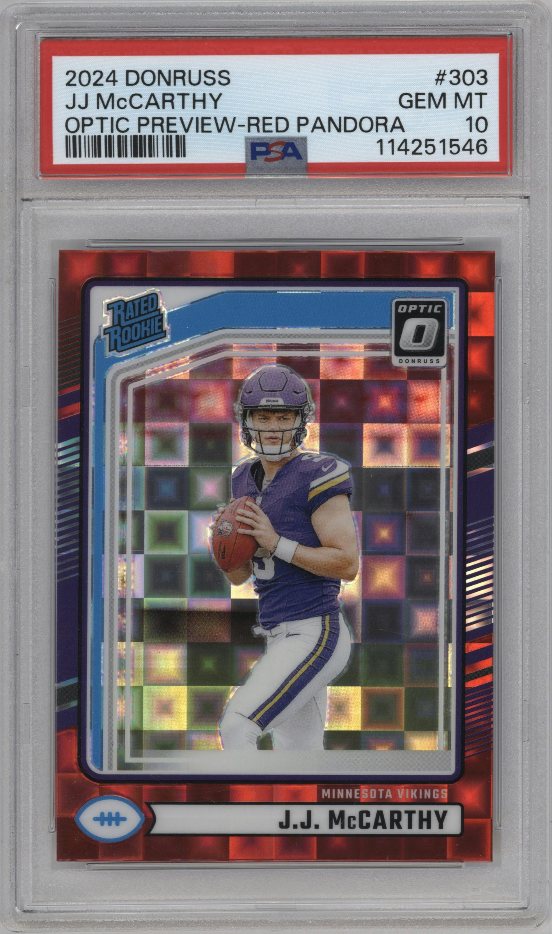 J.J. McCarthy from the 2024 Donruss set featuring a Red Pandora parallel graded by PSA and given an overall grade of 10.