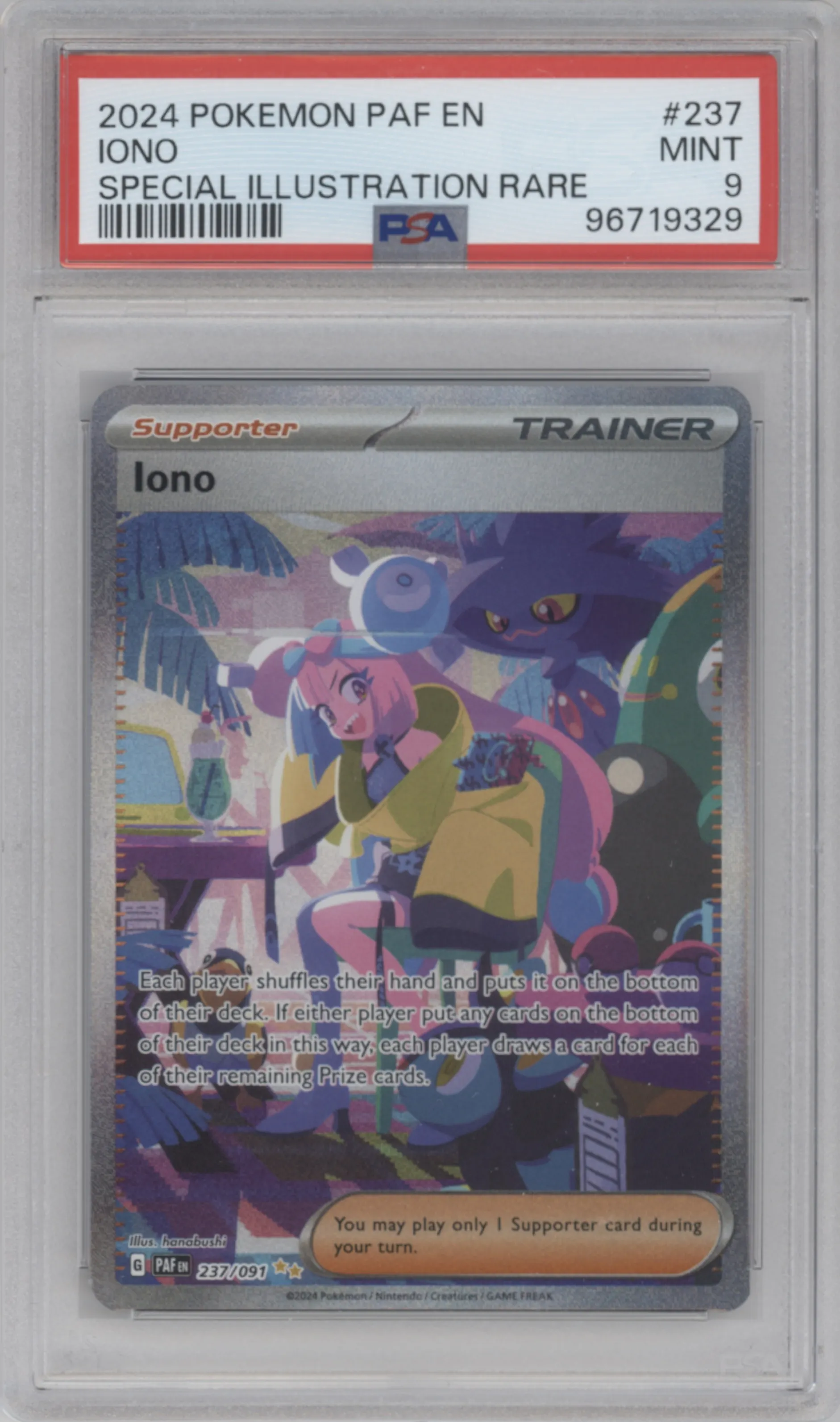 Iono from the 2024 Pokemon SV set graded by PSA and given an overall grade of 9.