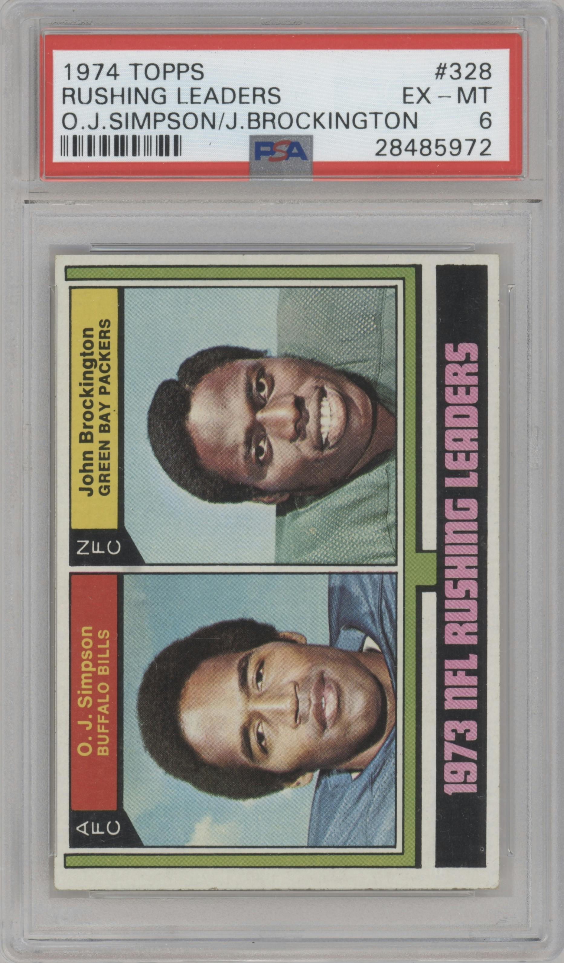 O.J. Simpson / John Brockington from the 1974 Topps set graded by PSA and given an overall grade of 6.