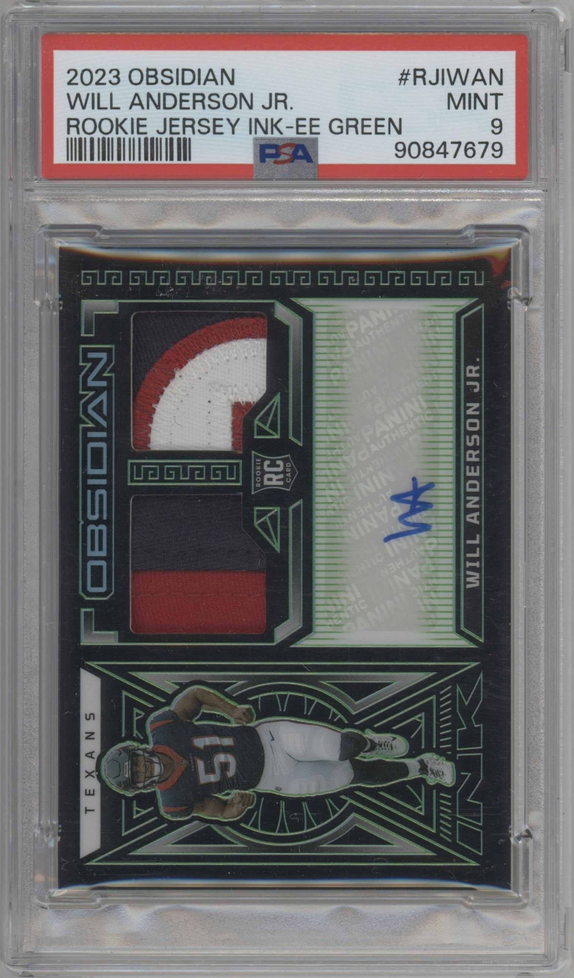 Will Anderson Jr. from the 2023 Panini Obsidian set featuring a Electric Etch Green parallel graded by PSA and given an overall grade of 9.
