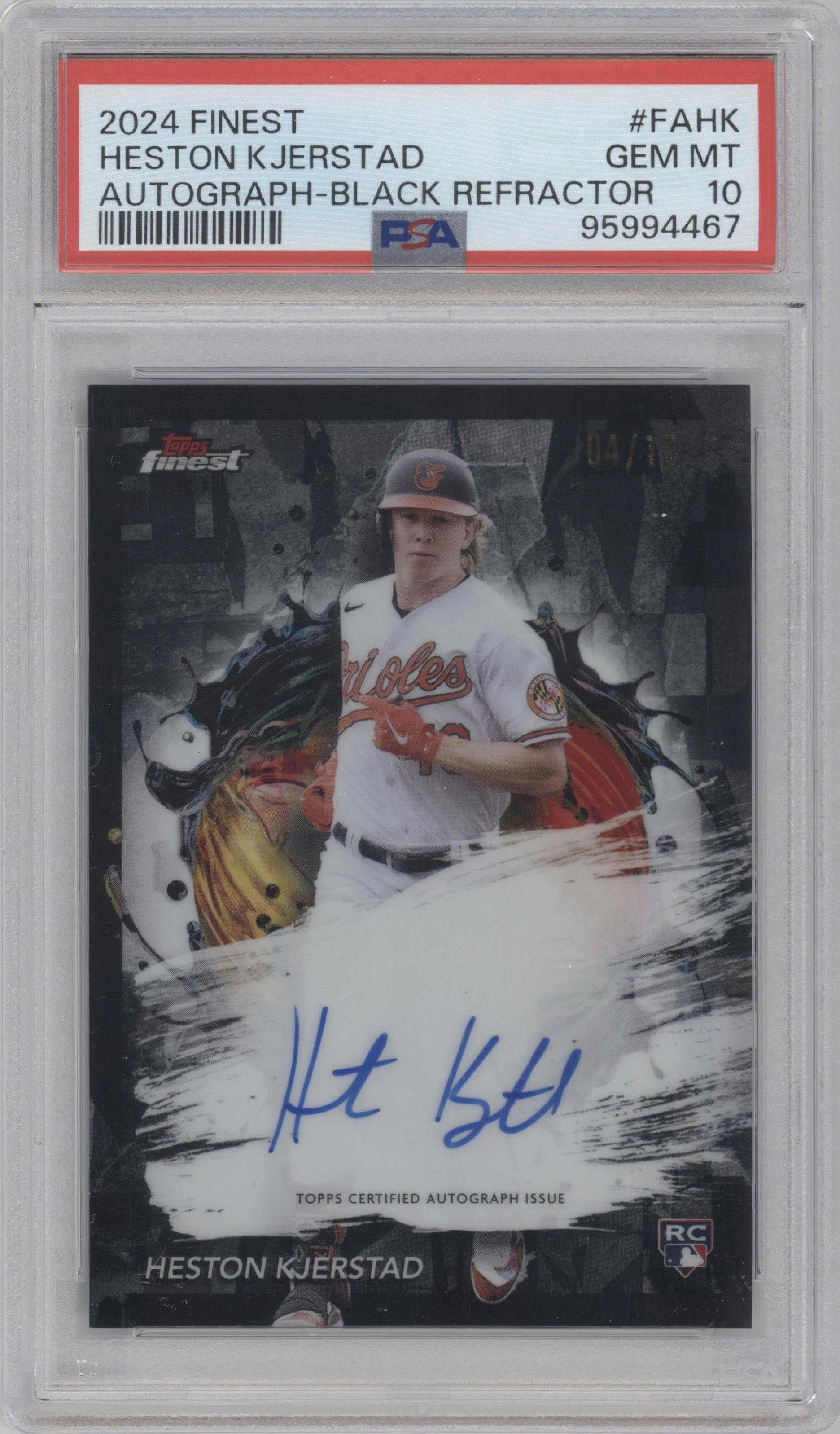 Heston Kjerstad  from the 2024 Topps Finest set featuring a Black Refractor parallel graded by PSA and given an overall grade of 10.