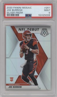 Joe Burrow from the 2020 Panini Mosaic set featuring a Silver parallel graded by PSA and given an overall grade of 9.