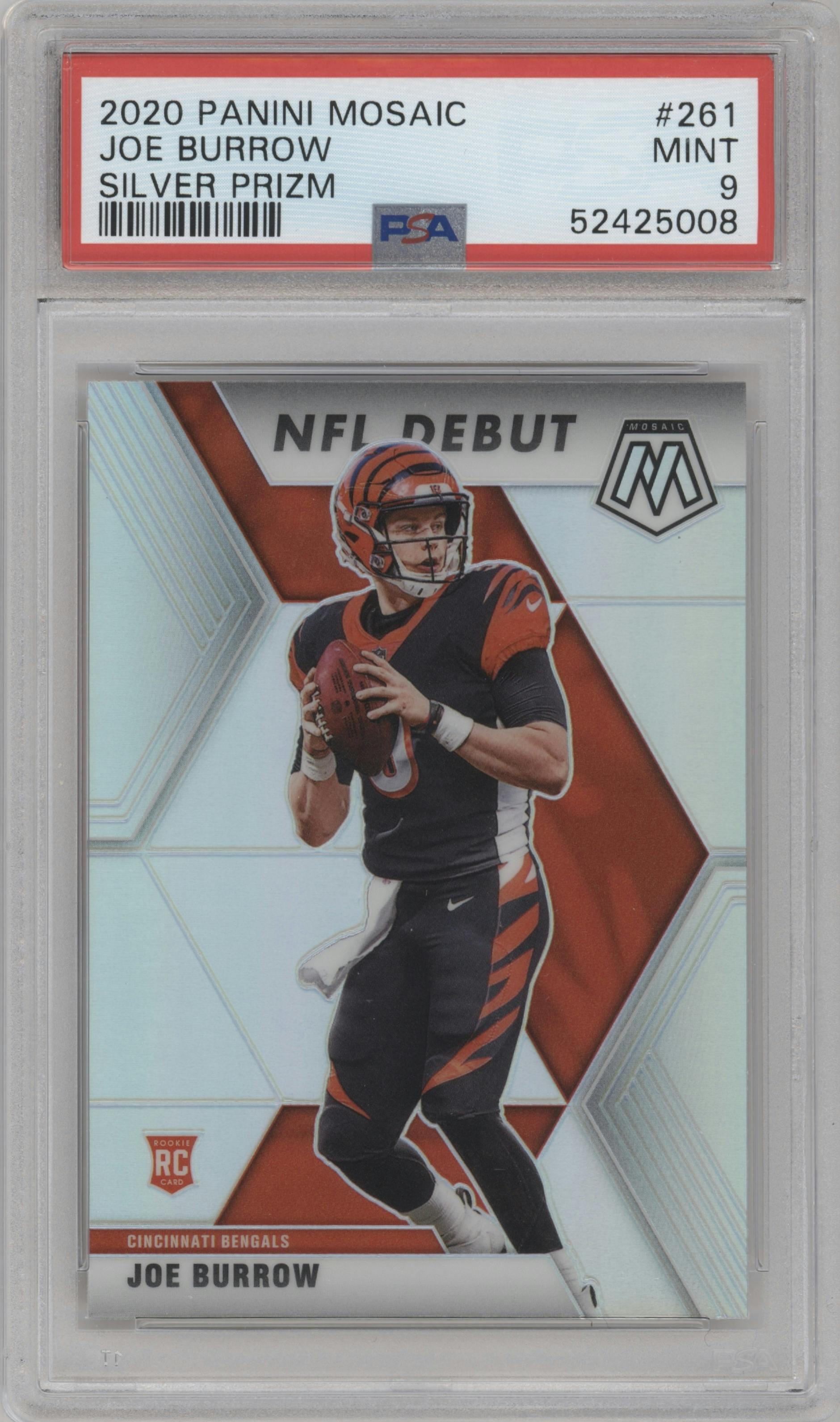 Joe Burrow from the 2020 Panini Mosaic set featuring a Silver parallel graded by PSA and given an overall grade of 9.