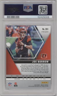 Joe Burrow from the 2020 Panini Mosaic set featuring a Silver parallel graded by PSA and given an overall grade of 9.