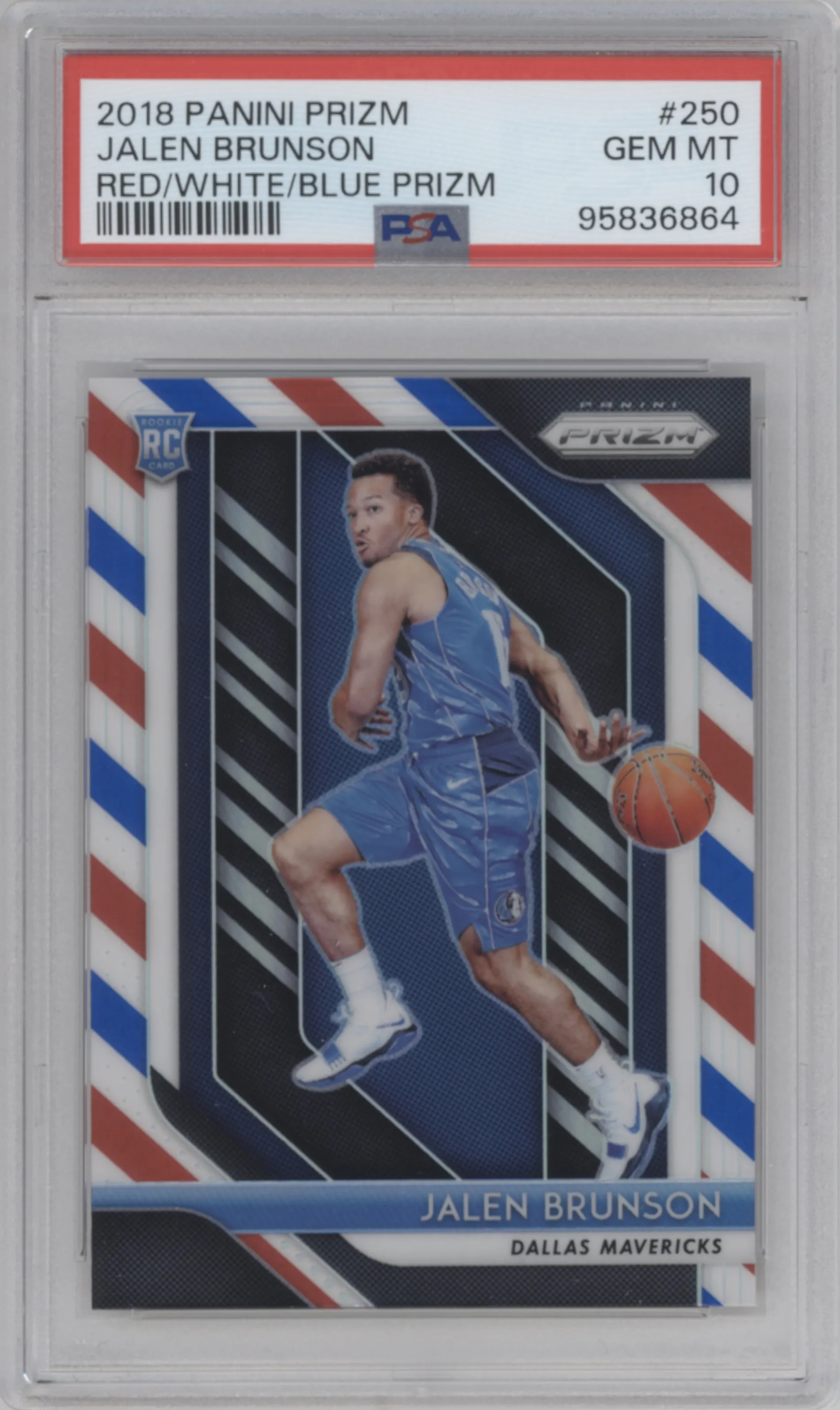Jalen Brunson from the 2018-19 Panini Prizm set featuring a Red White Blue Prizm parallel graded by PSA and given an overall grade of 10.