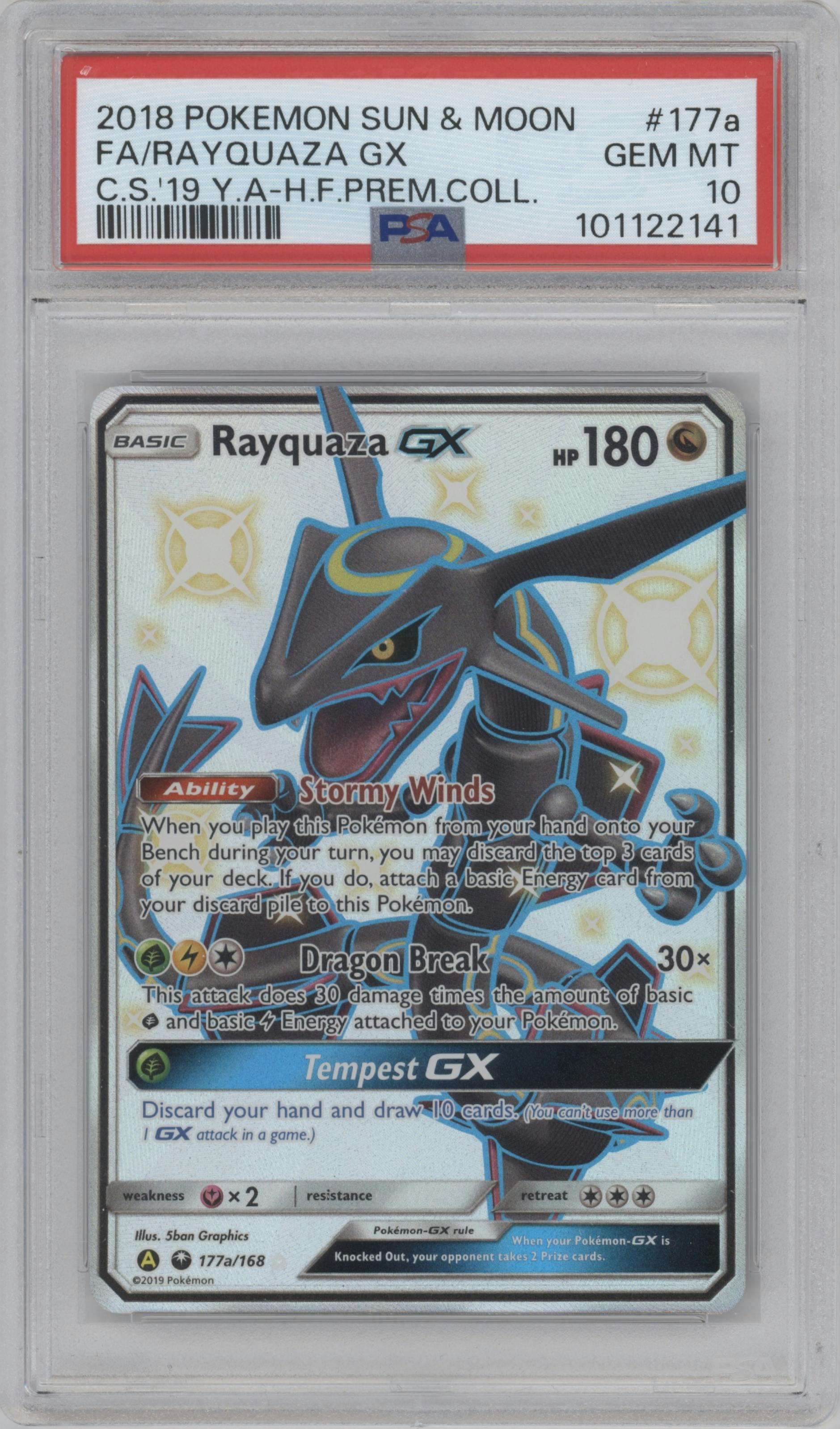Rayquaza GX from the 2018 Pokemon S&M  set featuring a Hidden Fates Collection Box parallel graded by PSA and given an overall grade of 10.