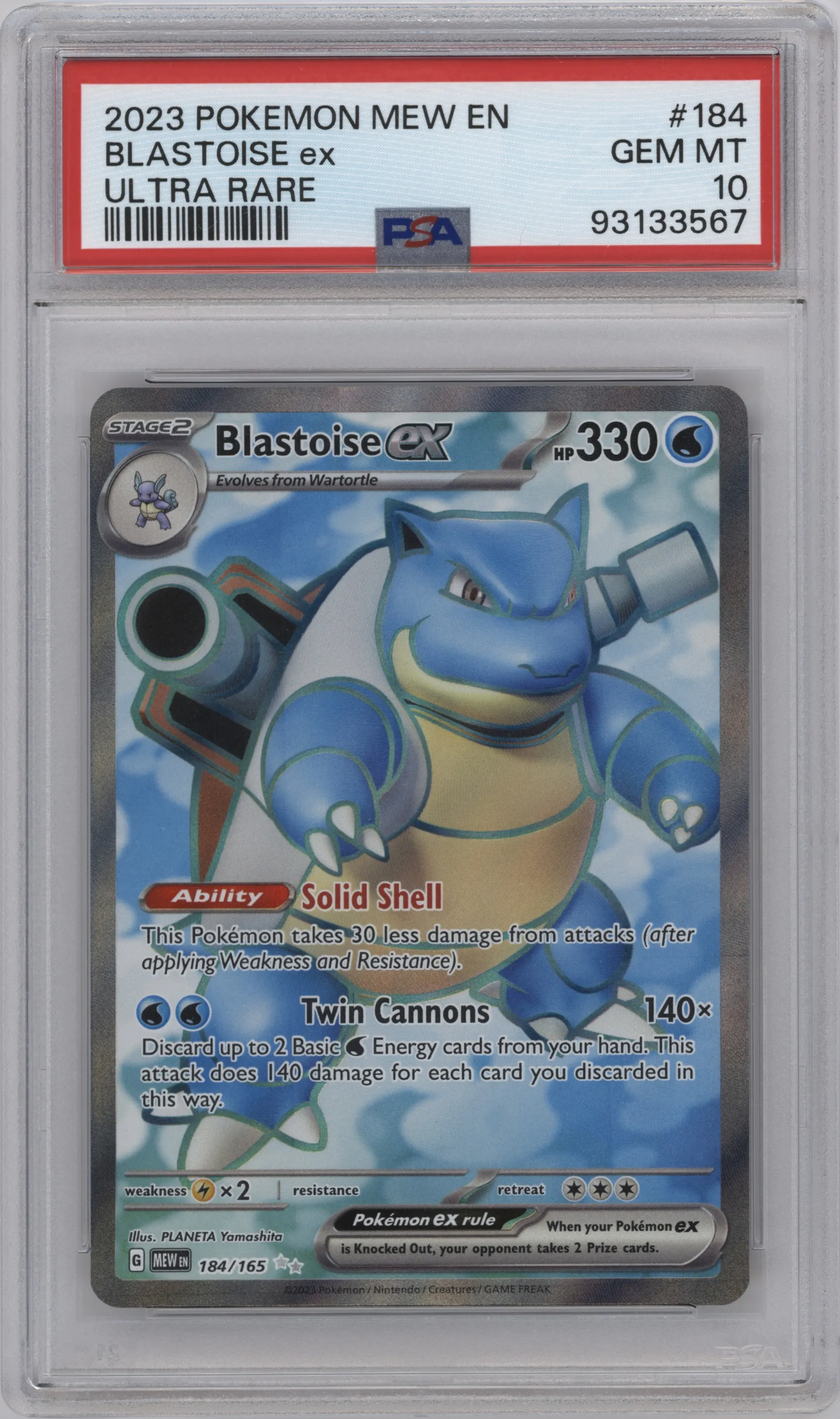 Blastoise ex from the 2023 Pokemon SV set graded by PSA and given an overall grade of 10.