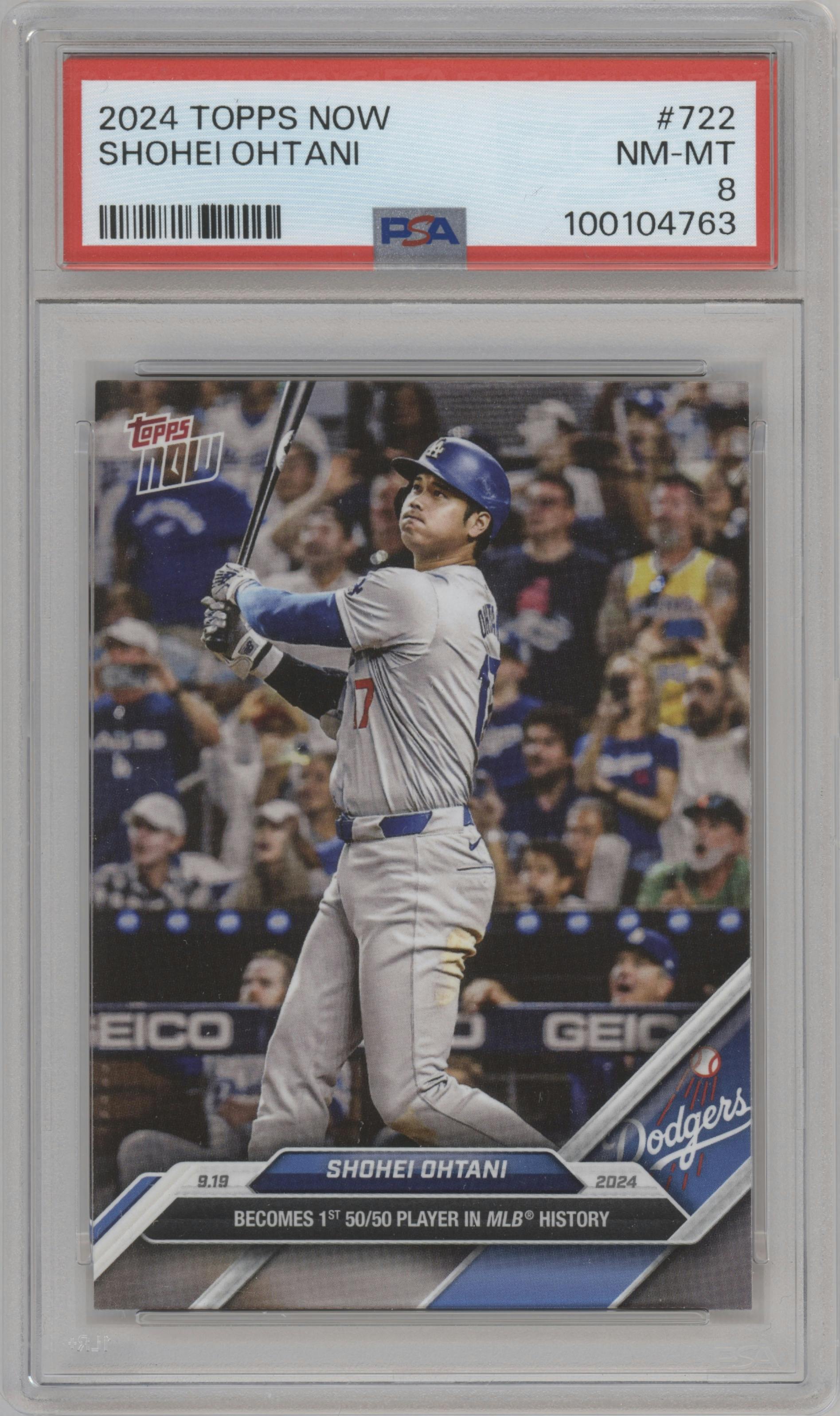 Shohei Ohtani from the 2024 Topps Now set graded by PSA and given an overall grade of 8.