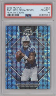 Anthony Richardson from the 2023 Panini Mosaic set featuring a Reactive Blue parallel graded by PSA and given an overall grade of 10.