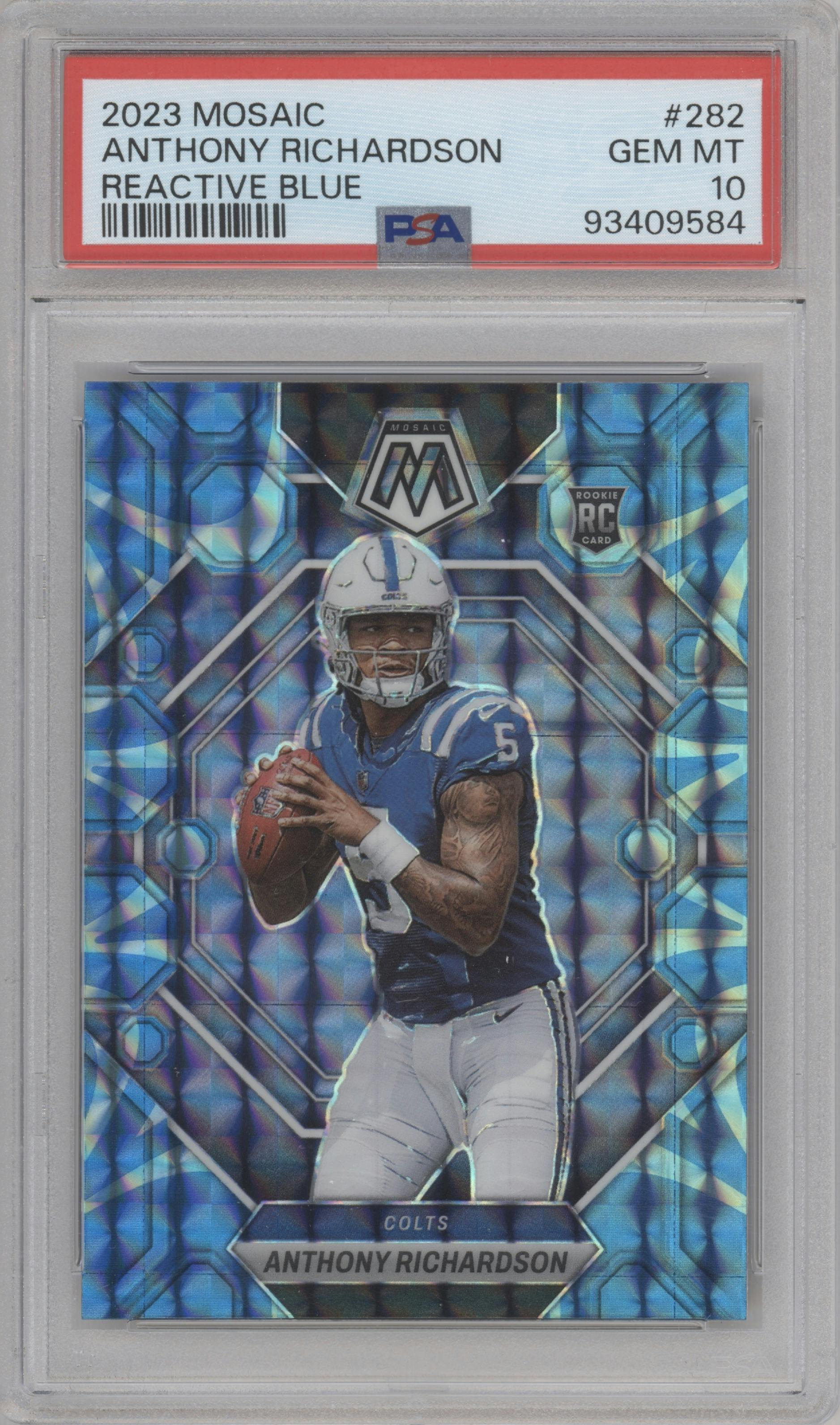 Anthony Richardson from the 2023 Panini Mosaic set featuring a Reactive Blue parallel graded by PSA and given an overall grade of 10.