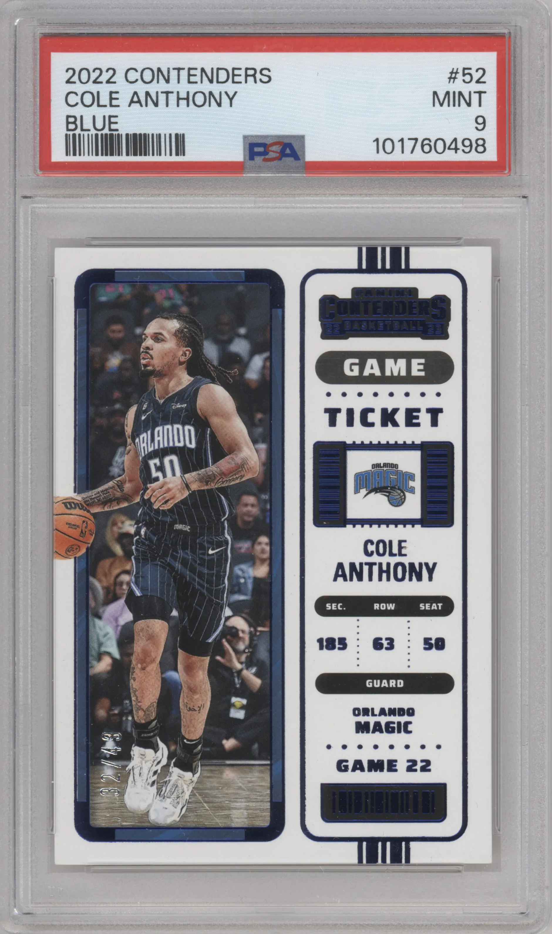 Cole Anthony from the 2022-23 Panini Contenders set featuring a Blue parallel graded by PSA and given an overall grade of 9.