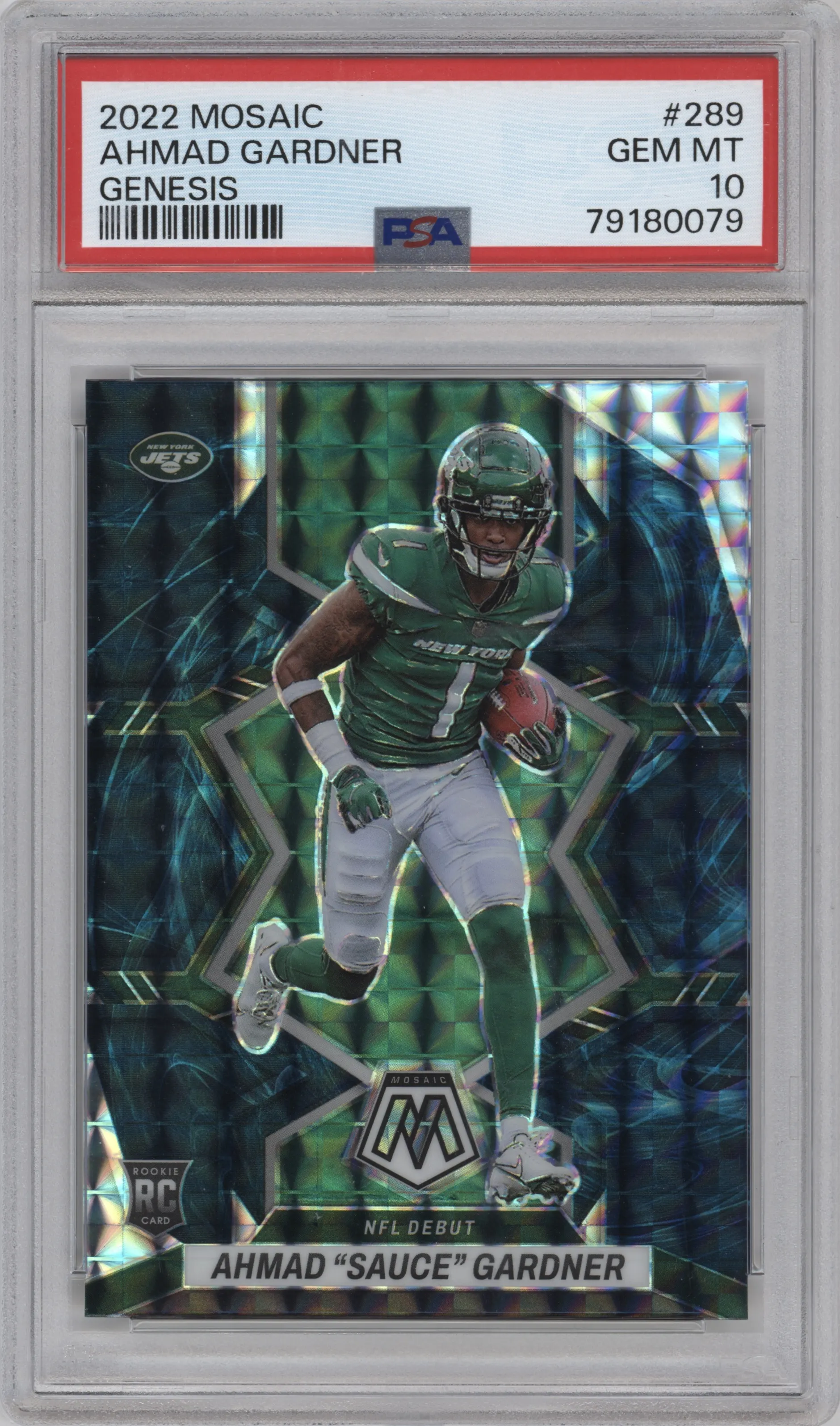 Ahmad "Sauce" Gardner from the 2022 Panini Mosaic set featuring a Genesis parallel graded by PSA and given an overall grade of 10.
