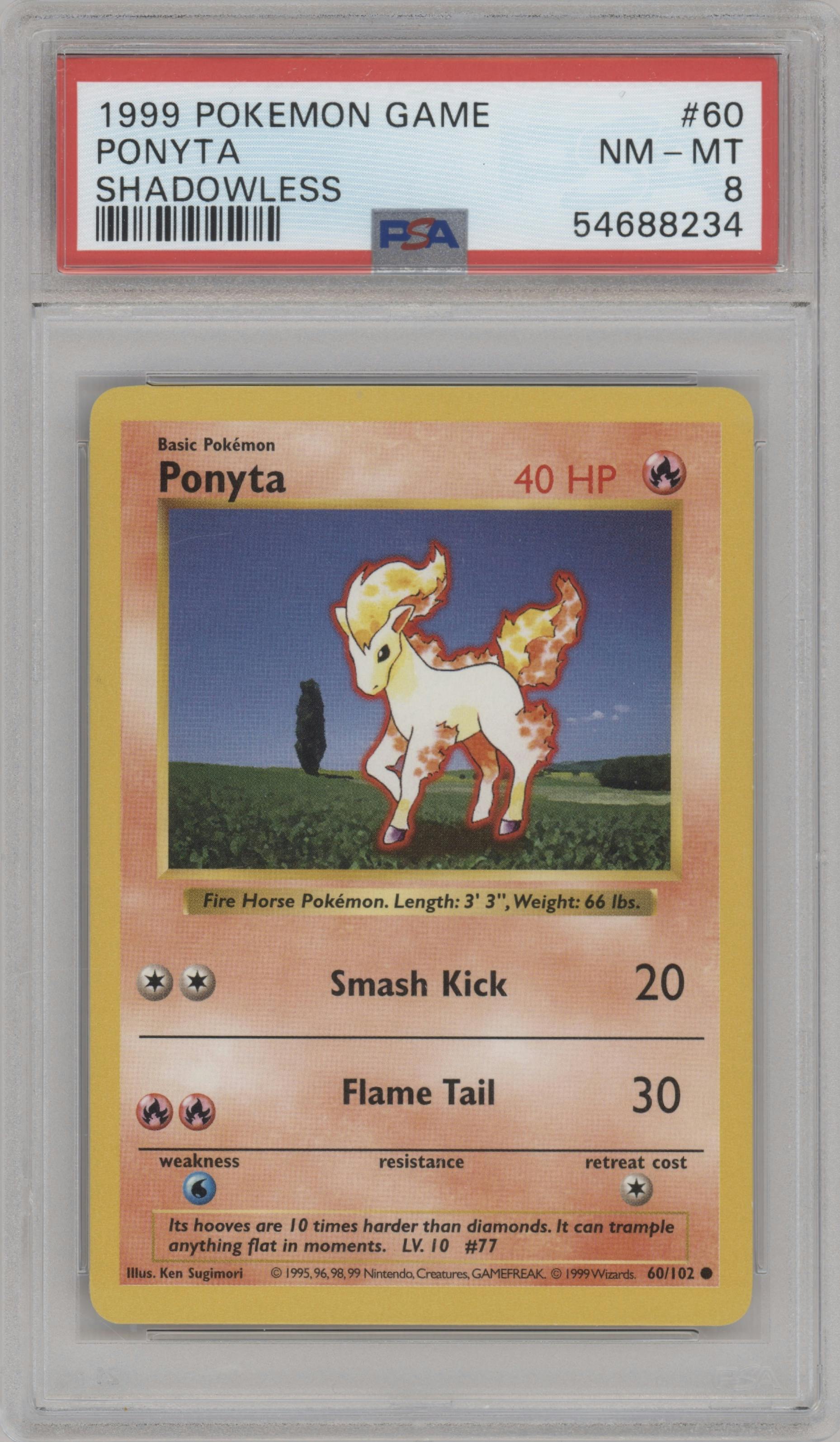 Ponyta from the 1999 Pokemon set graded by PSA and given an overall grade of 8.