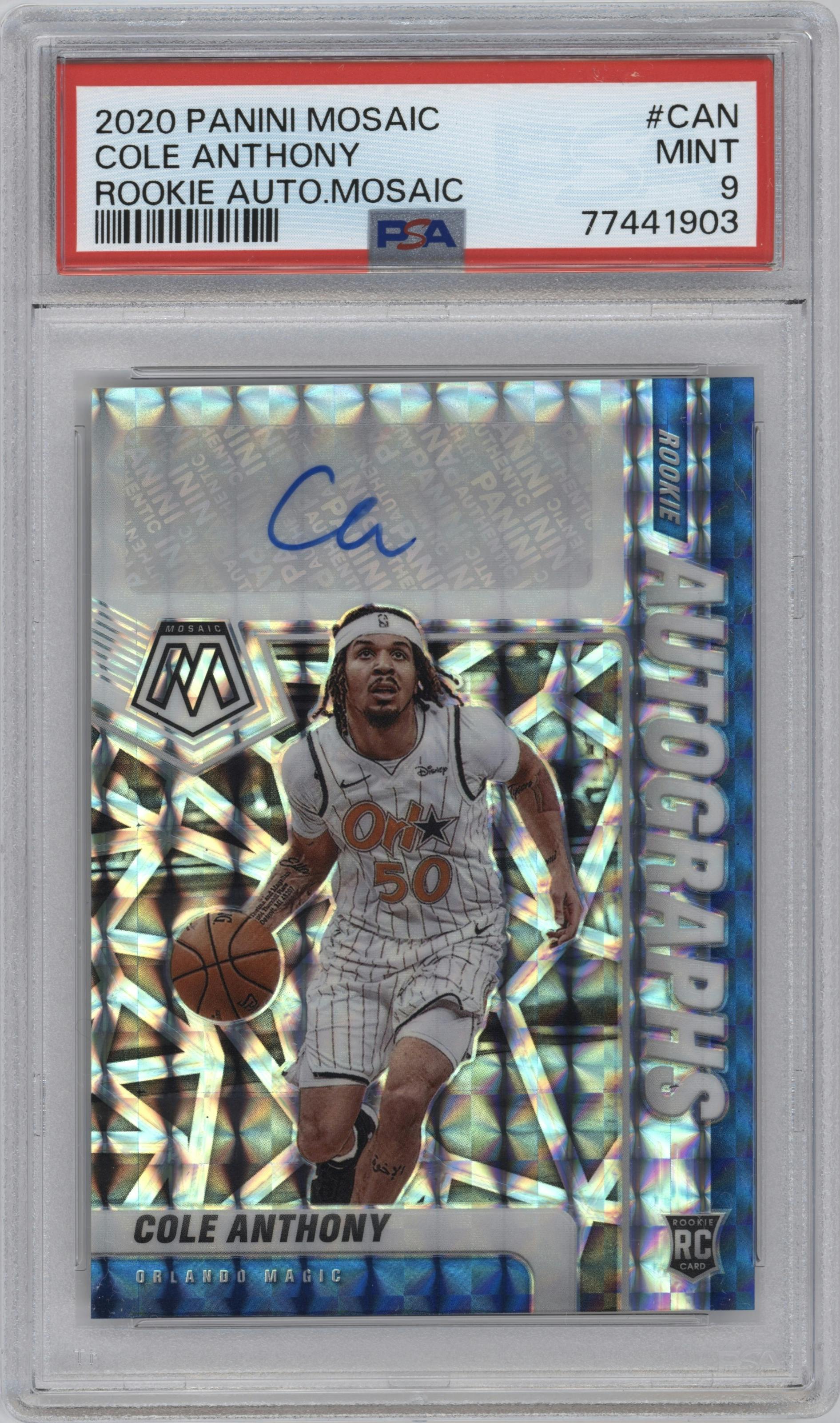 Cole Anthony from the 2020-21 Panini Mosaic set graded by PSA and given an overall grade of 9.