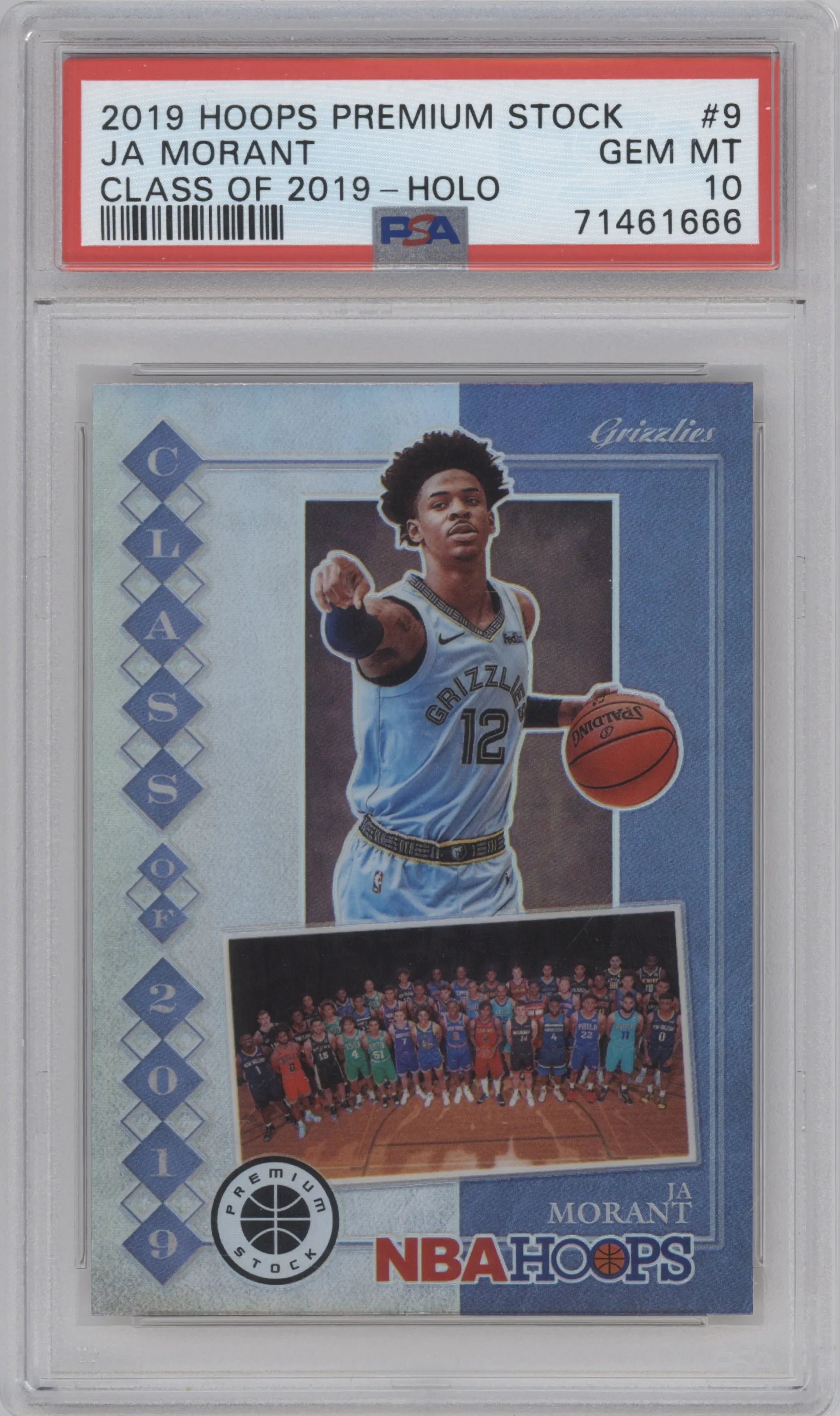 Ja Morant from the 2019-20 Panini Hoops Premium Stock set featuring a Holo parallel graded by PSA and given an overall grade of 10.