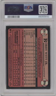 Bobby Witt Jr. from the 2024 Topps Series 2 Silver Pack set featuring a Blue parallel graded by PSA and given an overall grade of 9.