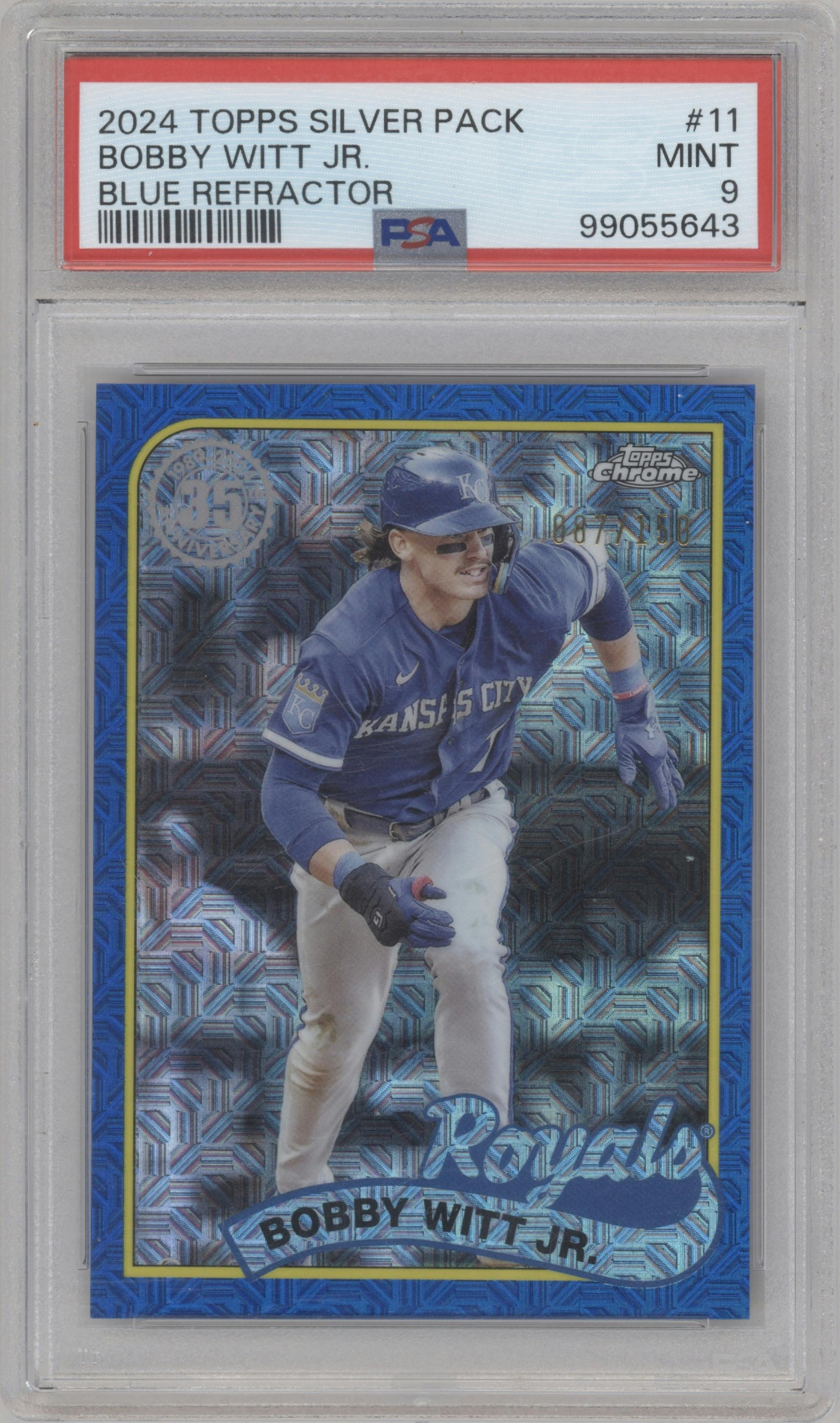 Bobby Witt Jr. from the 2024 Topps Series 2 Silver Pack set featuring a Blue parallel graded by PSA and given an overall grade of 9.